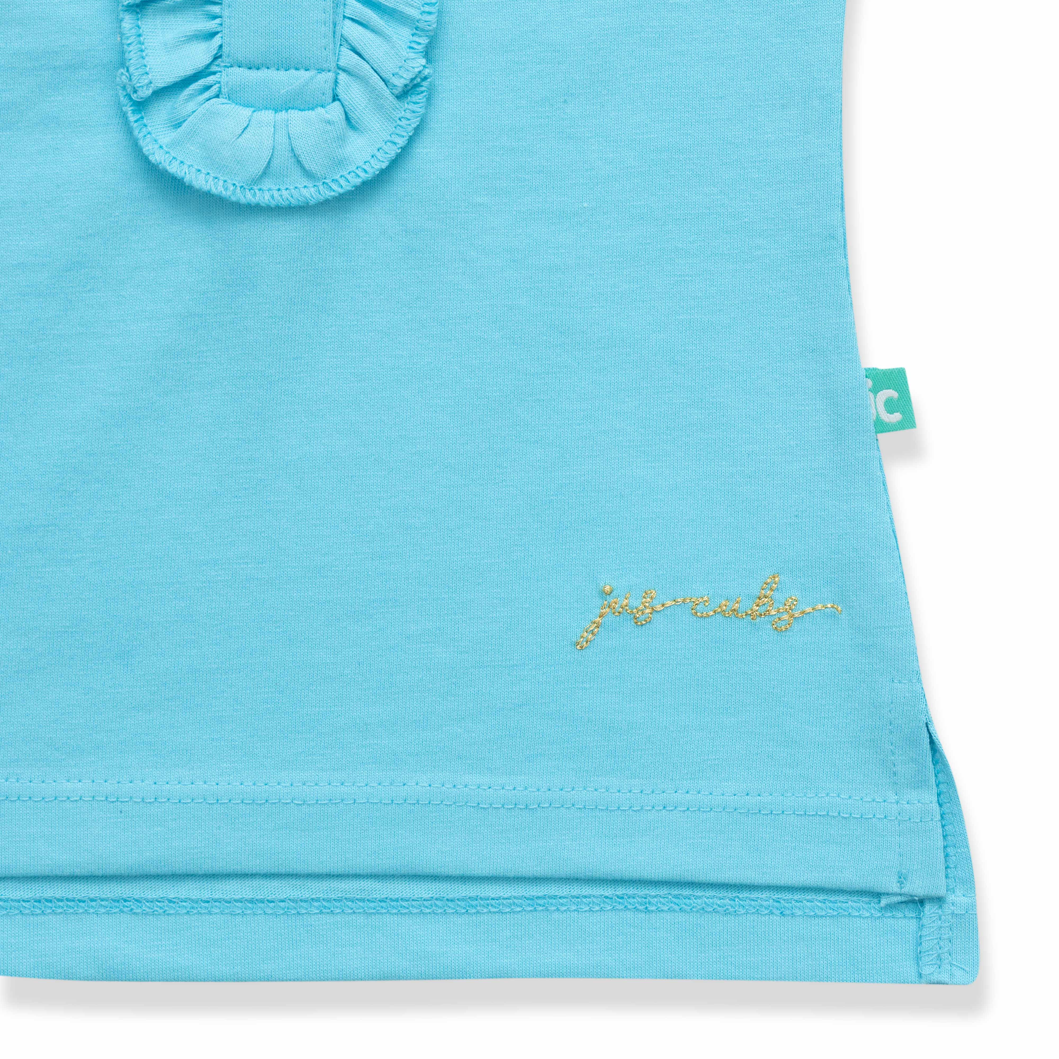 "Girls' Sky Blue Polo T-Shirt with Ruffled Button Placket & White Collar"