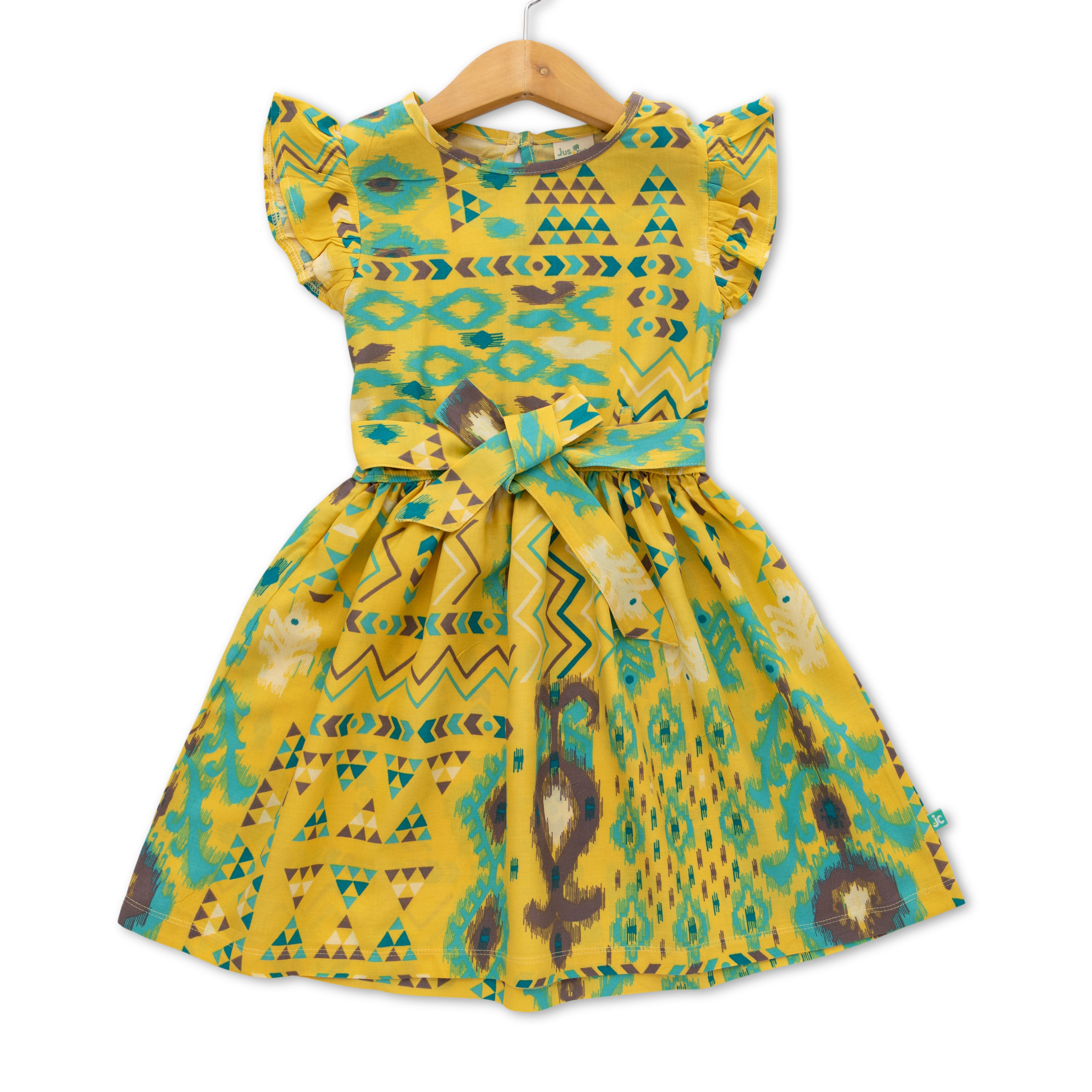 Girls' Yellow Ikat Print Dress with Flutter Sleeves and Waist Tie