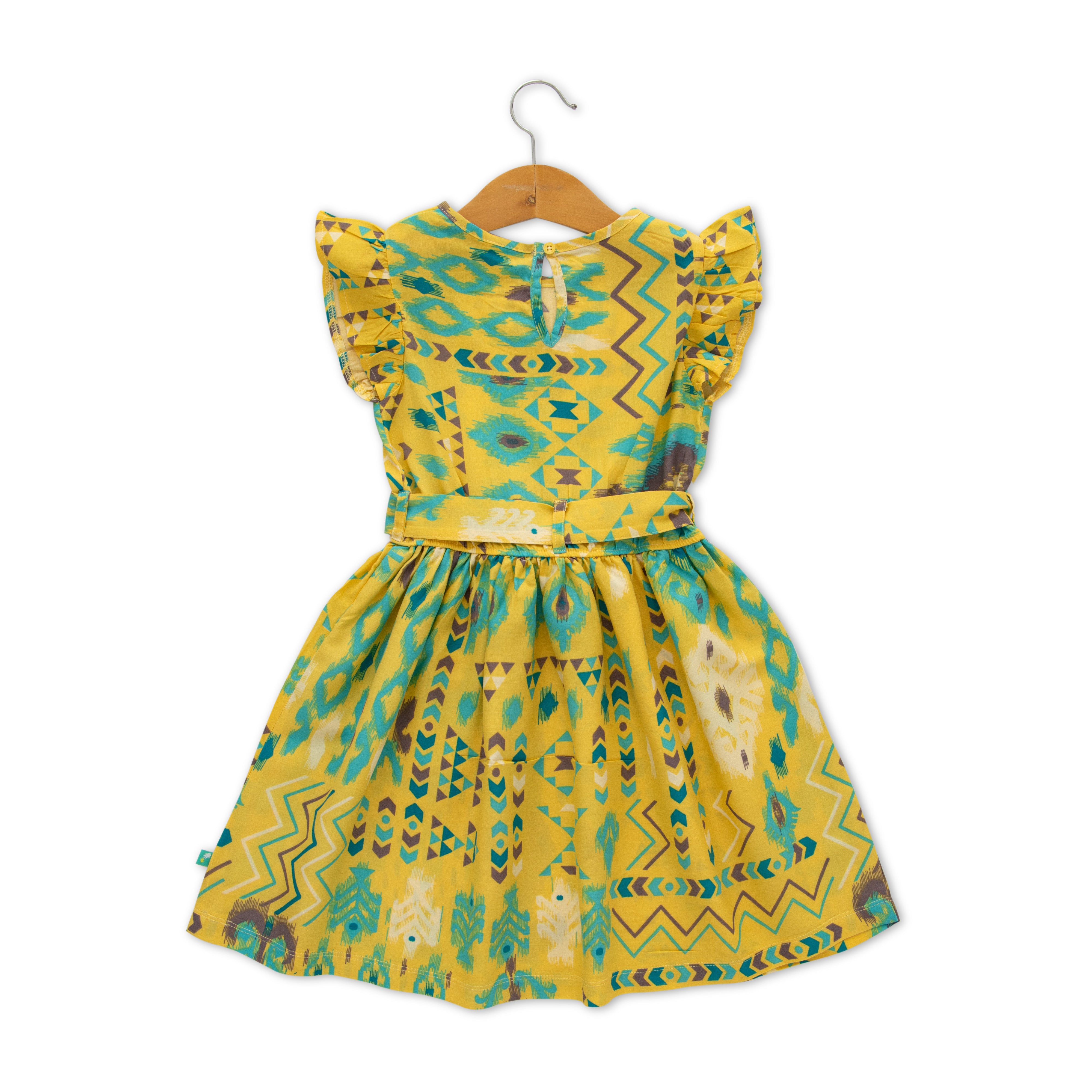 Girls' Yellow Ikat Print Dress with Flutter Sleeves and Waist Tie
