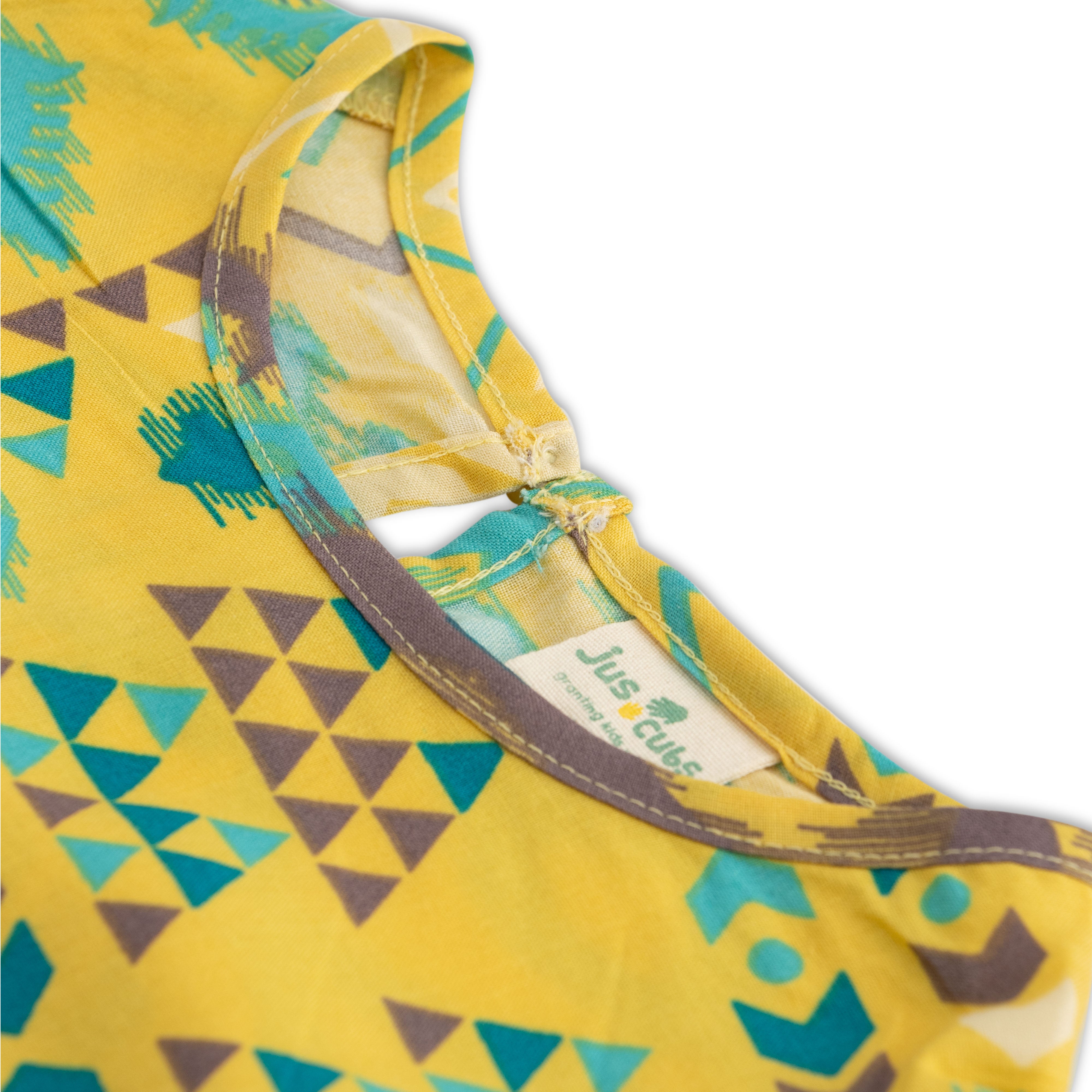 Girls' Yellow Ikat Print Dress with Flutter Sleeves and Waist Tie