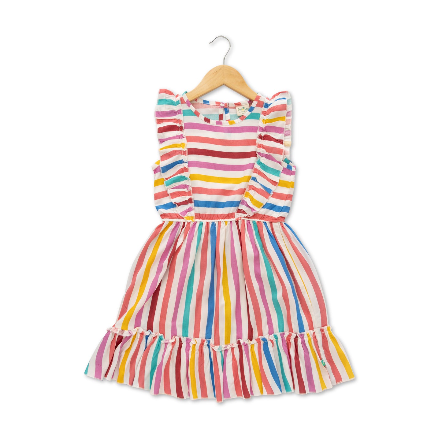 "Girls' Sleeveless Ruffle Dress – Multicolor Striped Print with Frill Details"