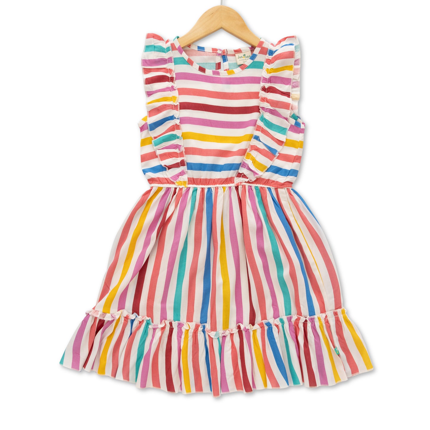 "Girls' Sleeveless Ruffle Dress – Multicolor Striped Print with Frill Details"
