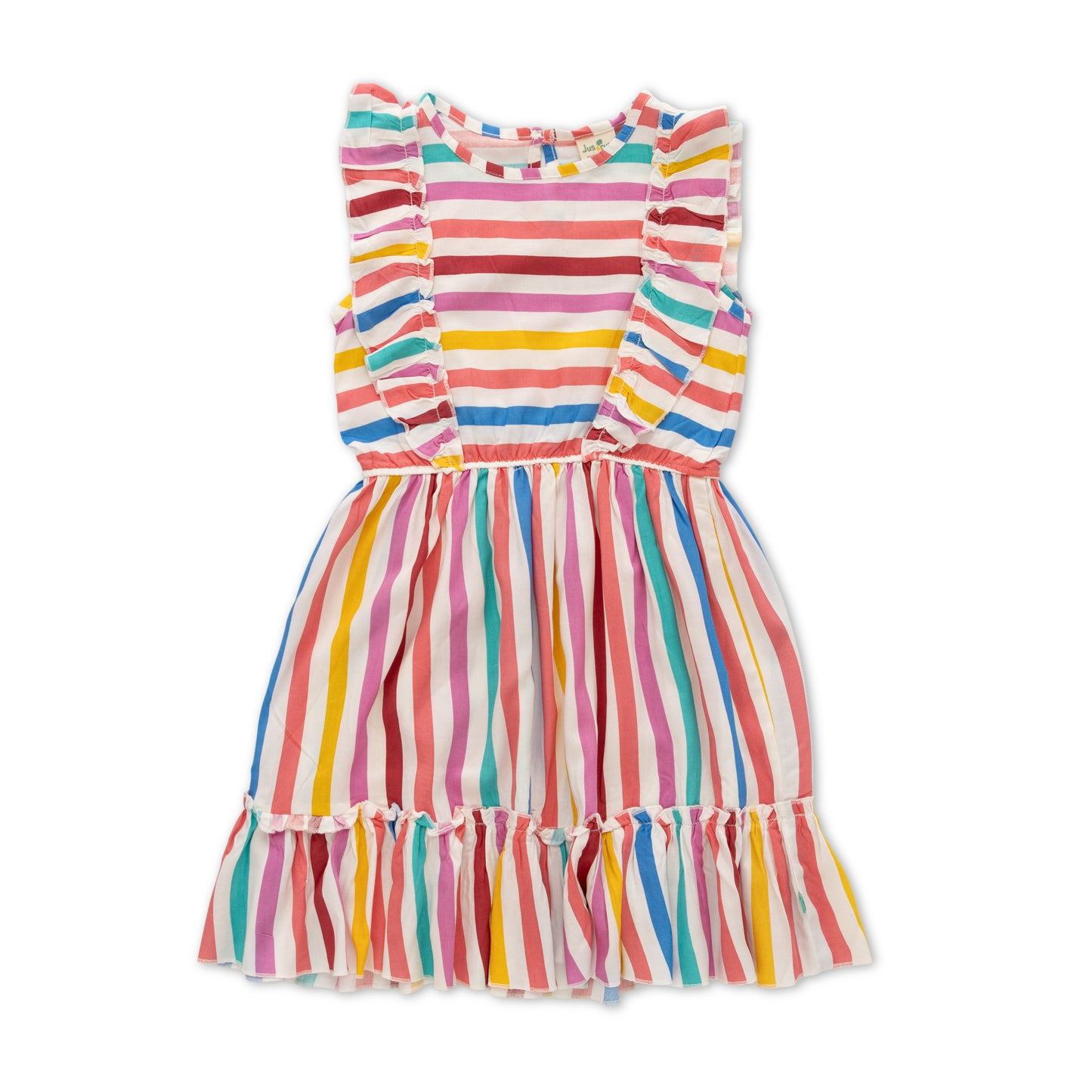 "Girls' Sleeveless Ruffle Dress – Multicolor Striped Print with Frill Details"