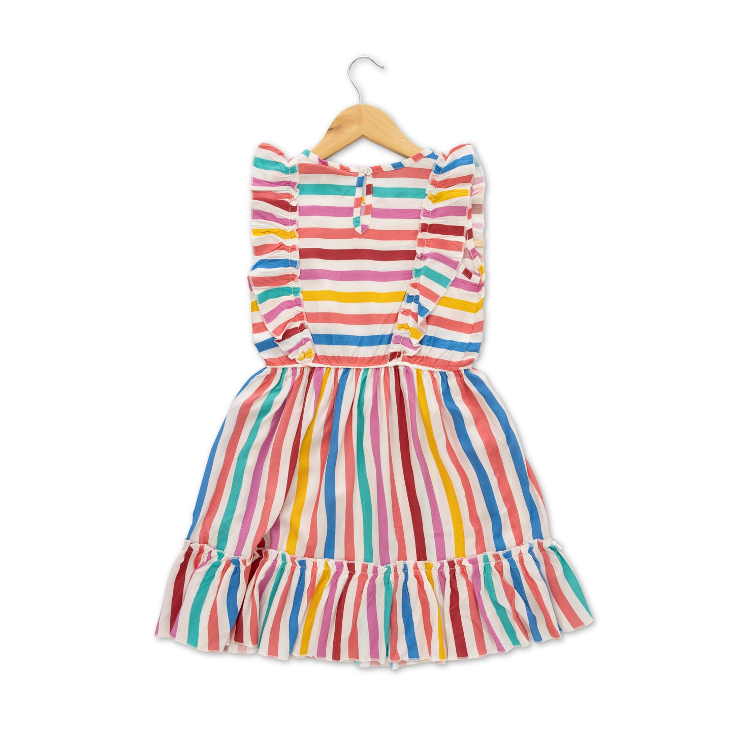 "Girls' Sleeveless Ruffle Dress – Multicolor Striped Print with Frill Details"