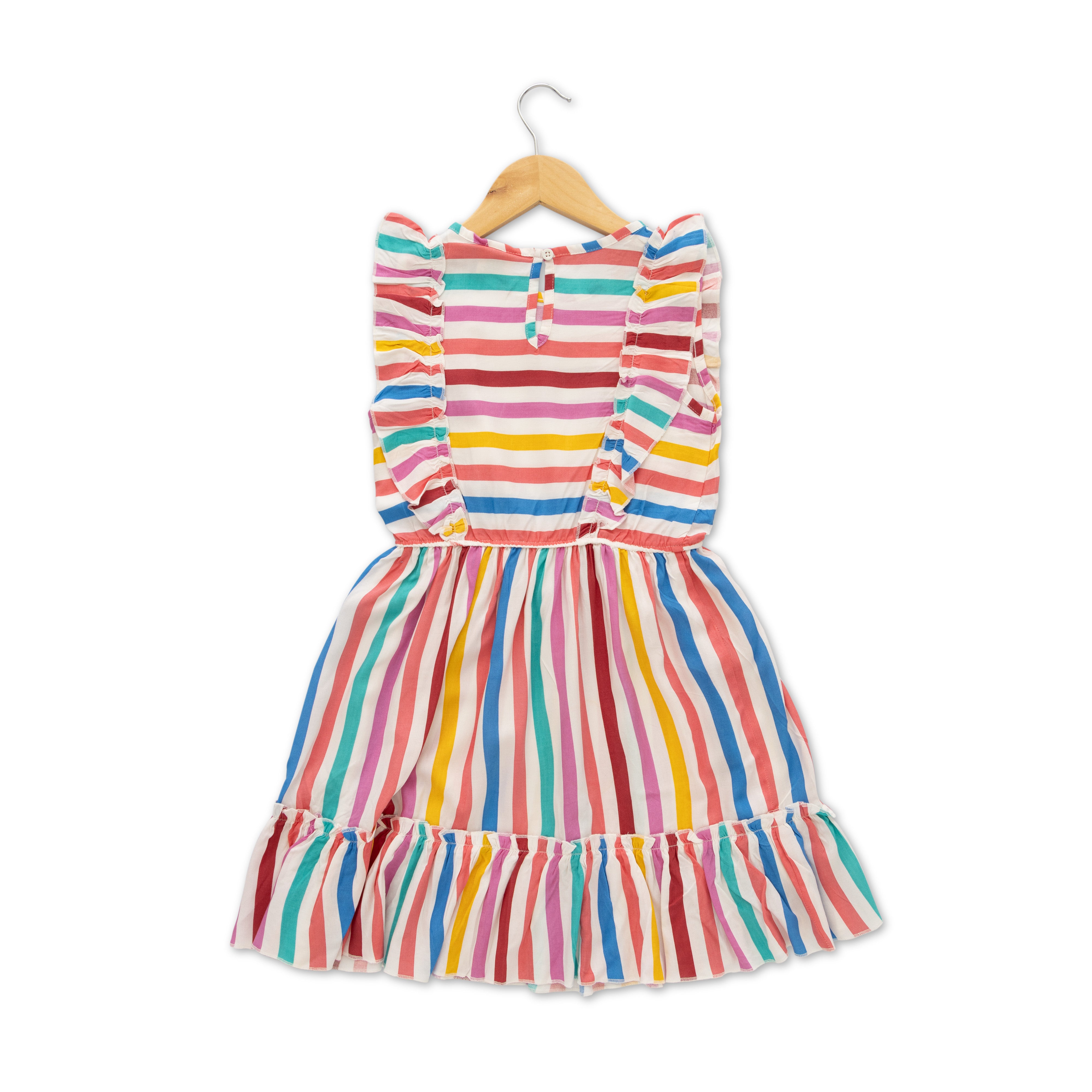 "Girls' Sleeveless Ruffle Dress – Multicolor Striped Print with Frill Details"