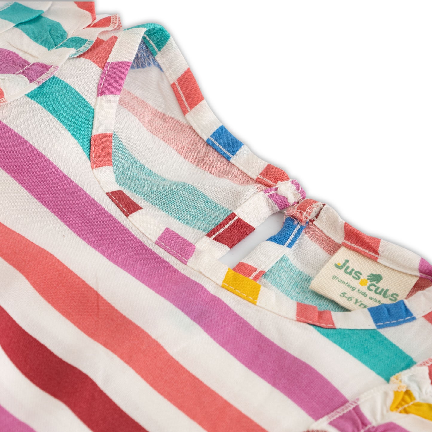 "Girls' Sleeveless Ruffle Dress – Multicolor Striped Print with Frill Details"