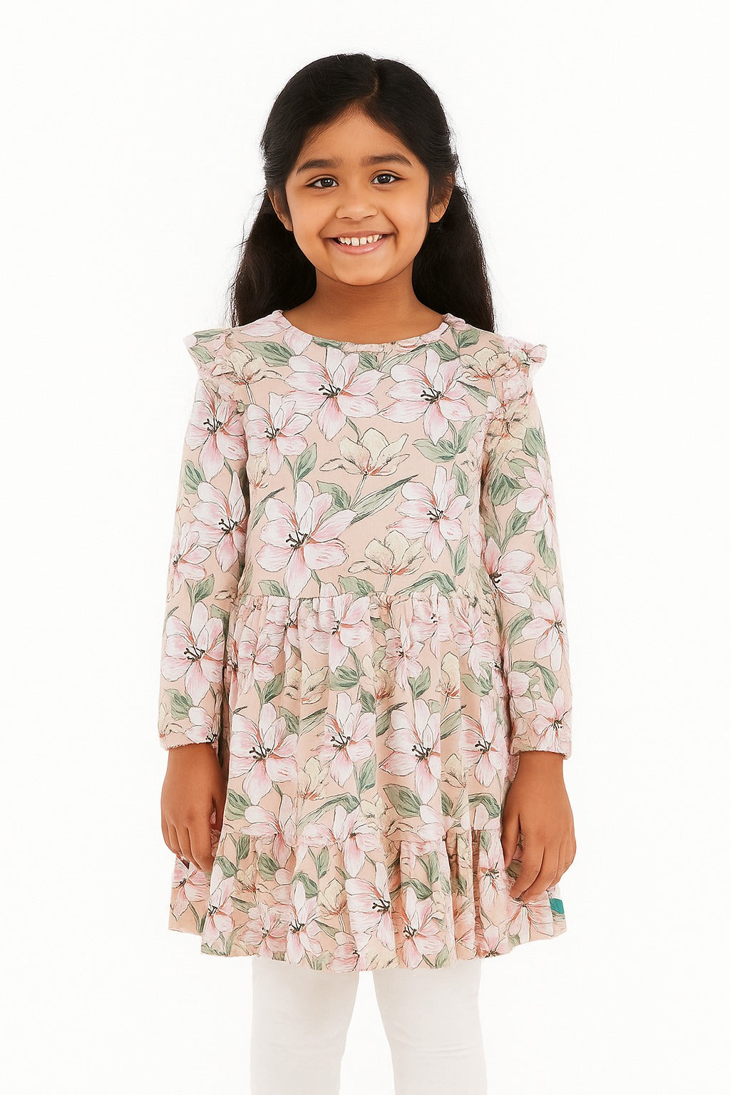 Girls' Beige Floral Print Tiered Dress with Ruffle Sleeves