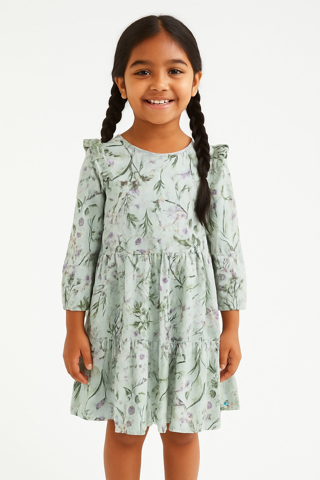 Girls' Pastel Green Floral Print Tiered Dress with Ruffle Sleeves