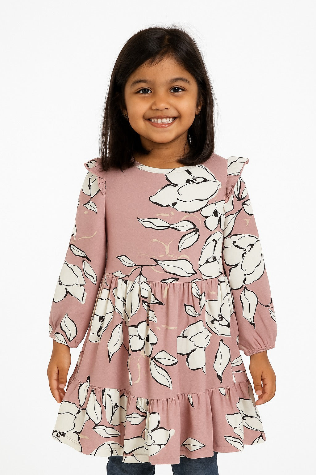 Girls' Floral Print Ruffle Sleeve Tiered Dress – Pink & Ivory