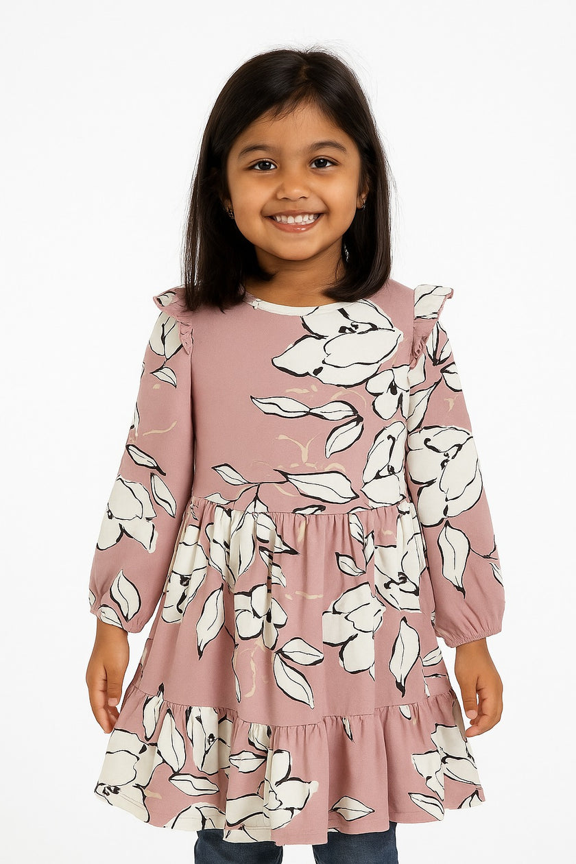 Girls' Floral Print Ruffle Sleeve Tiered Dress – Pink & Ivory