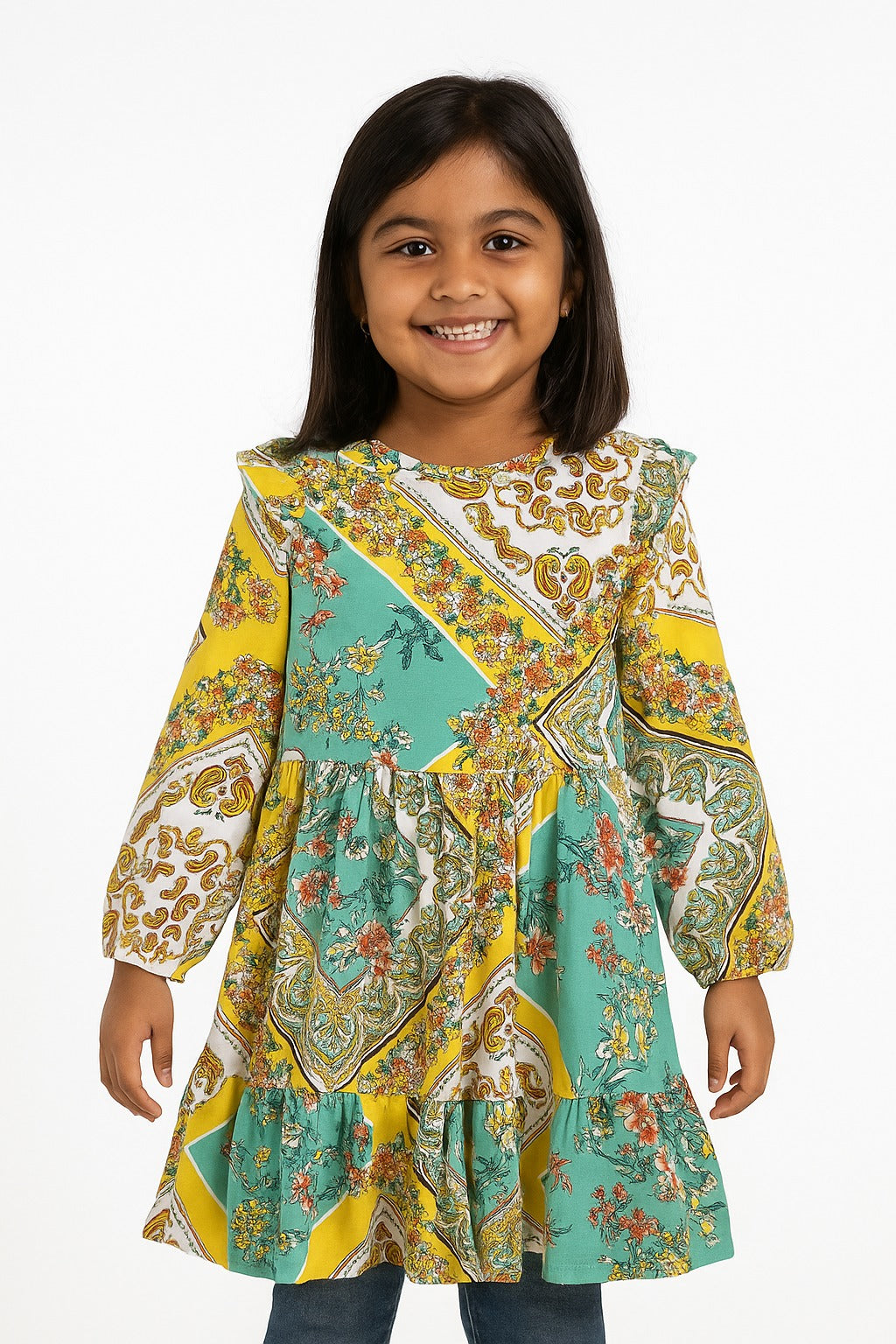 Girls' Bohemian Floral Patchwork Dress with Ruffle Sleeves