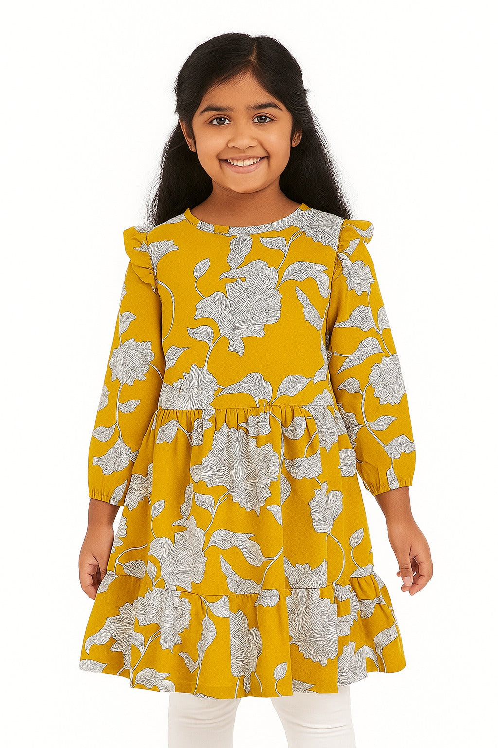 Girls' Mustard Yellow Floral Printed Dress with Ruffle Sleeves