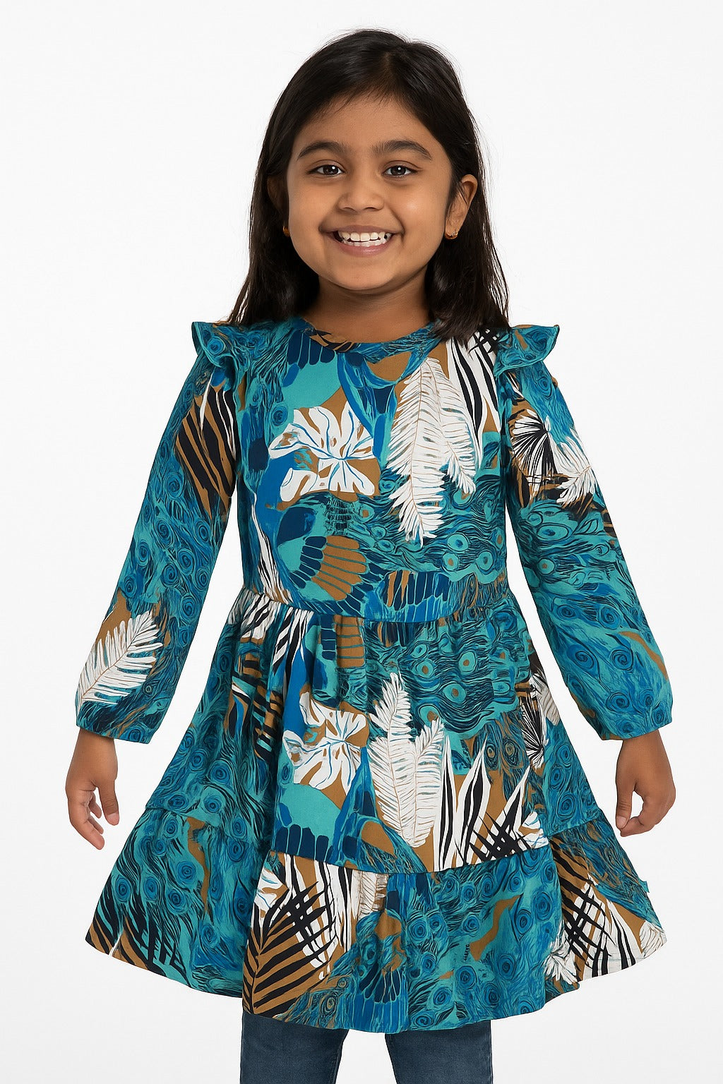 Girls' Blue & Brown Abstract Printed Dress with Ruffle Details