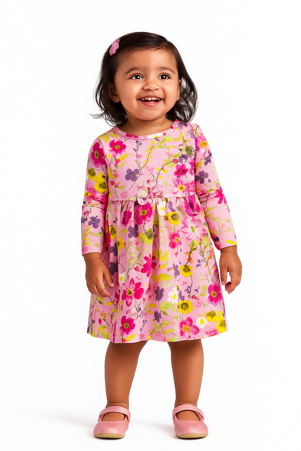 Girls' Long Sleeve Floral Print Dress in Pink with Bow Detail