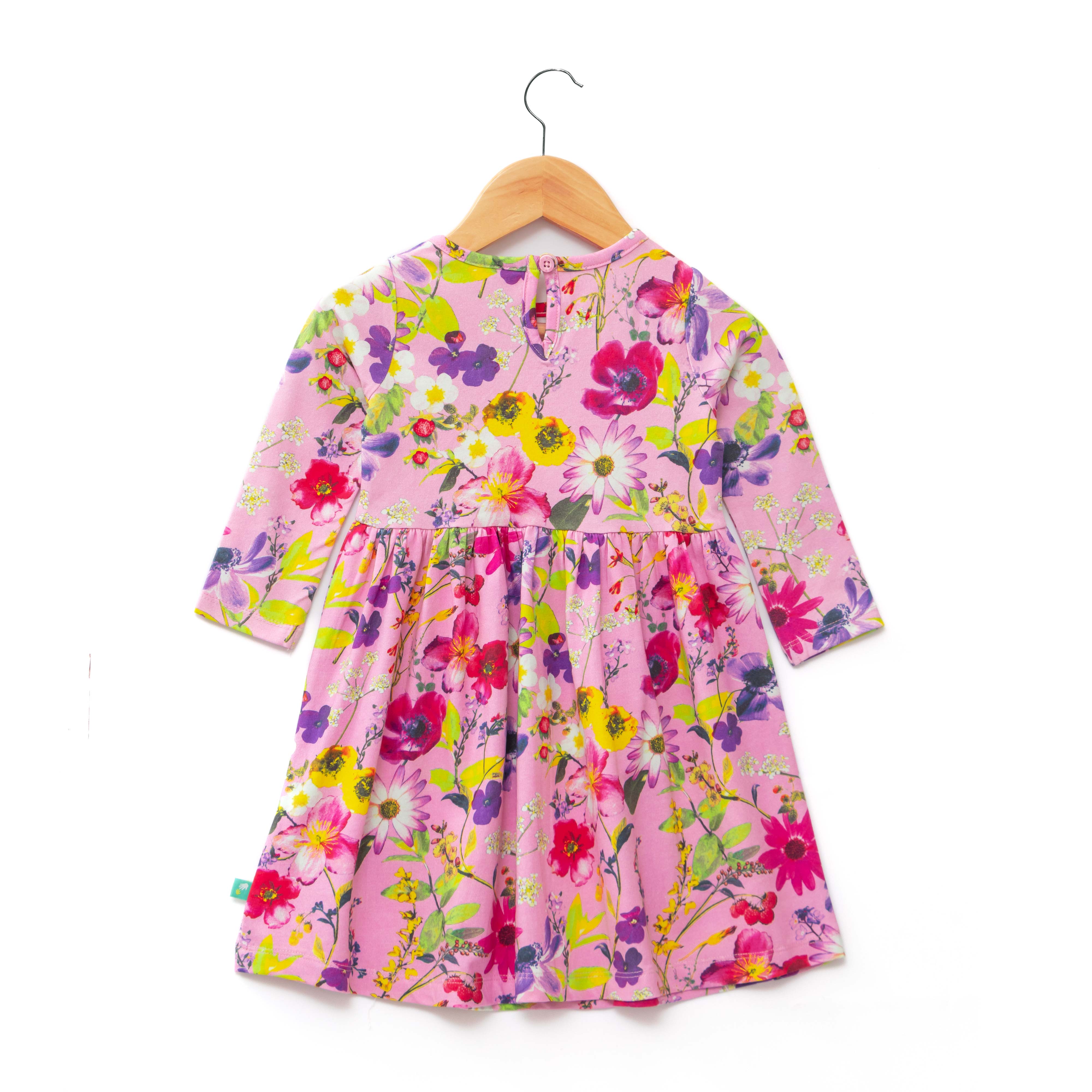 Girls' Long Sleeve Floral Print Dress in Pink with Bow Detail