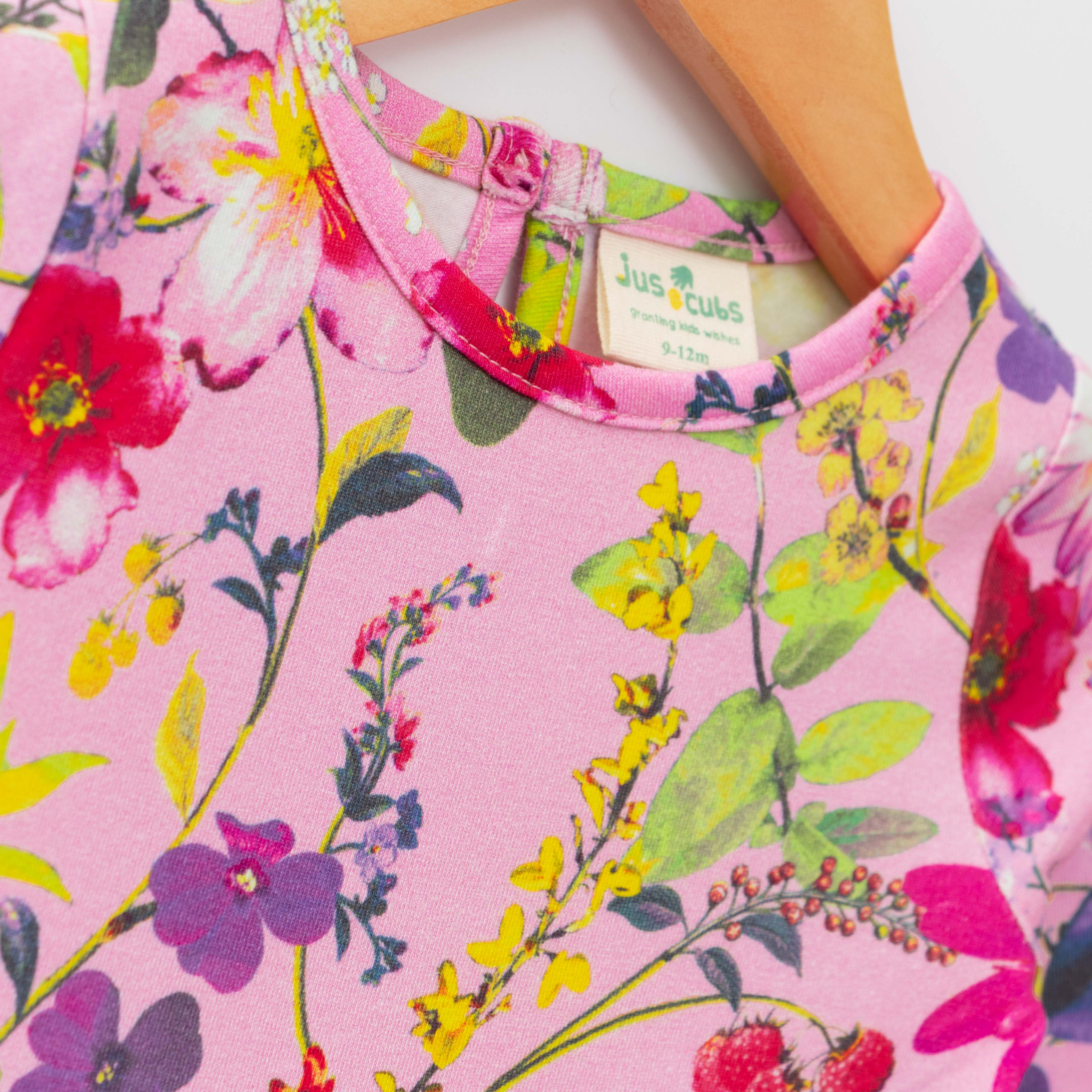 Girls' Long Sleeve Floral Print Dress in Pink with Bow Detail