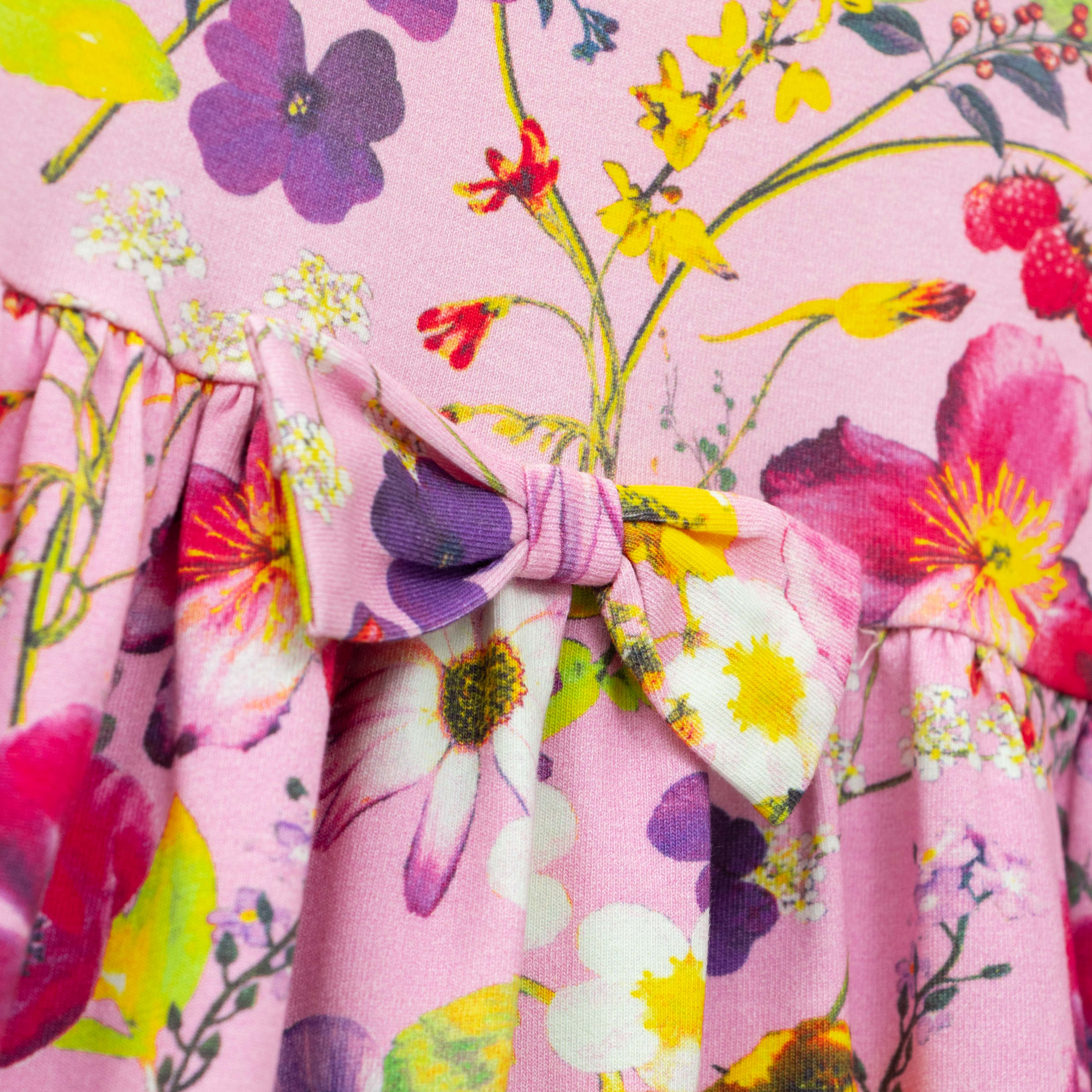 Girls' Long Sleeve Floral Print Dress in Pink with Bow Detail