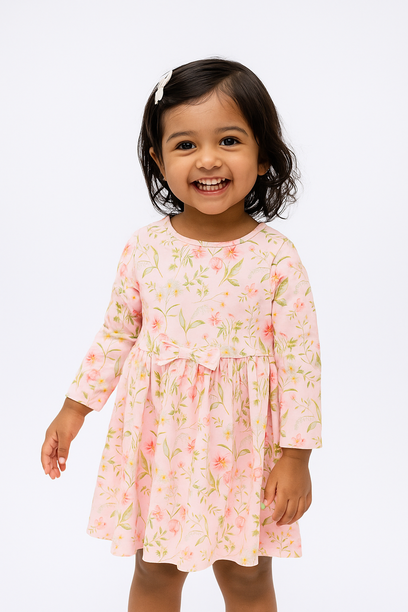Girls' Long Sleeve Pastel Pink Floral Dress with Bow Detail
