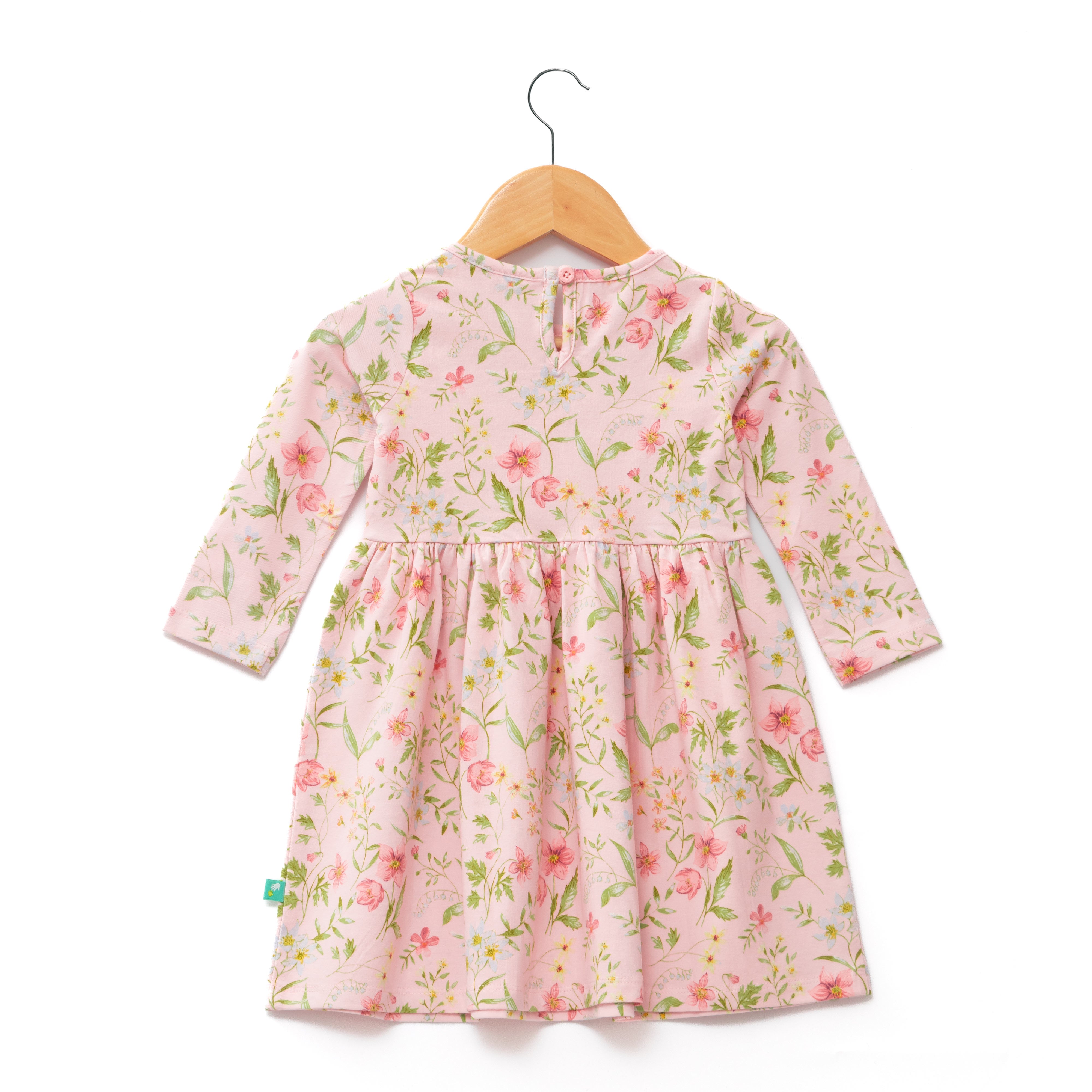 Girls' Long Sleeve Pastel Pink Floral Dress with Bow Detail