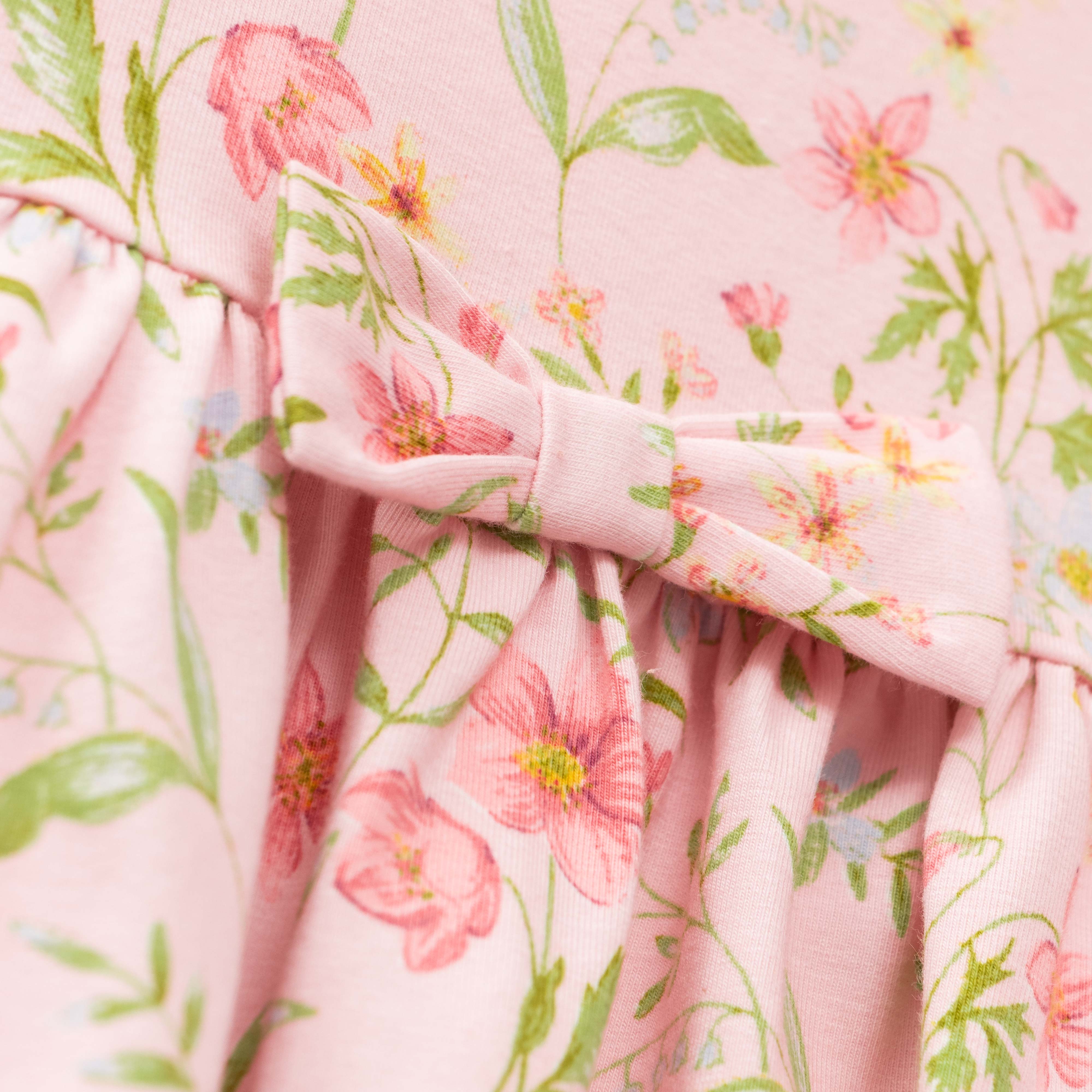 Girls' Long Sleeve Pastel Pink Floral Dress with Bow Detail