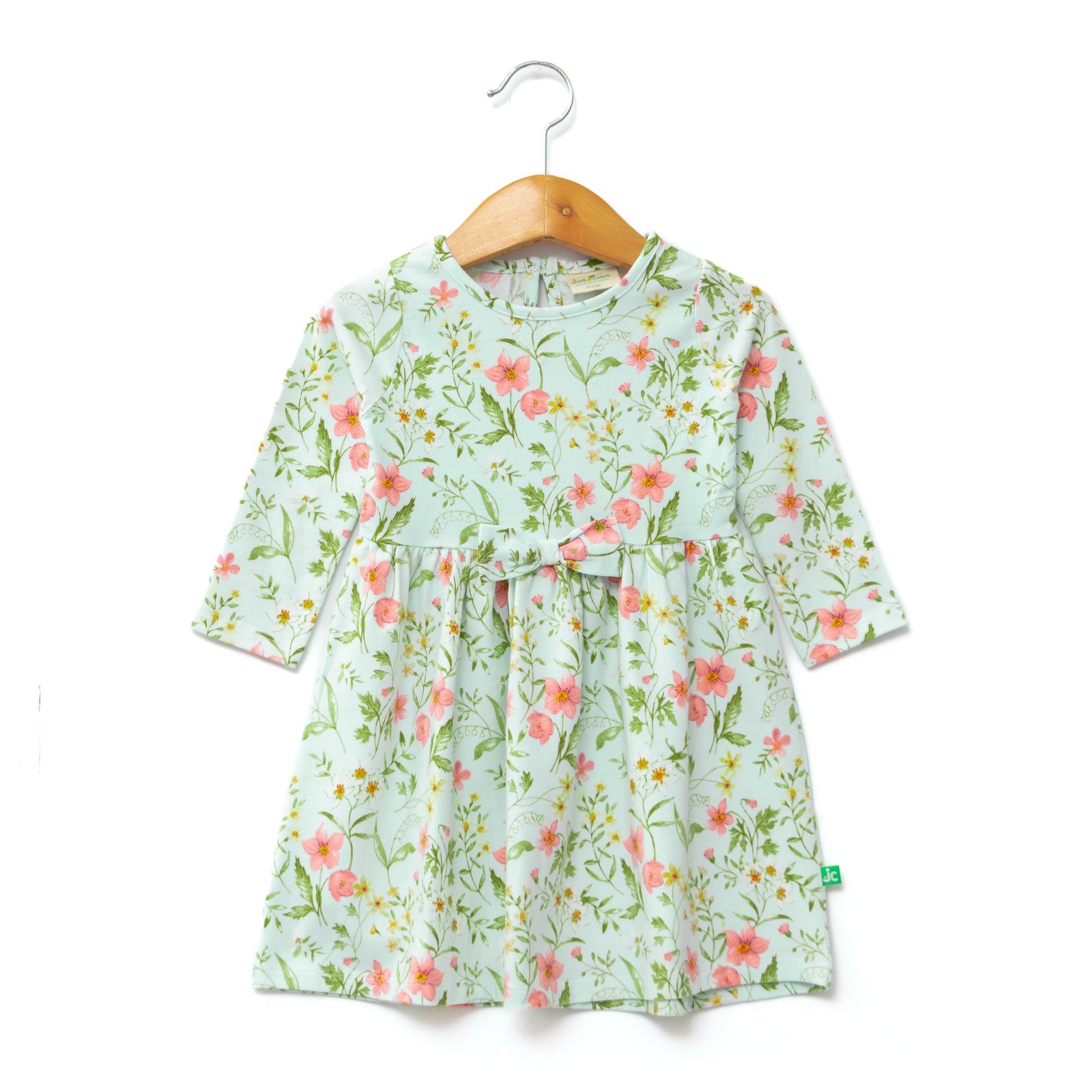 Girls' Mint Green Floral Dress with Pink & Yellow Flower Print