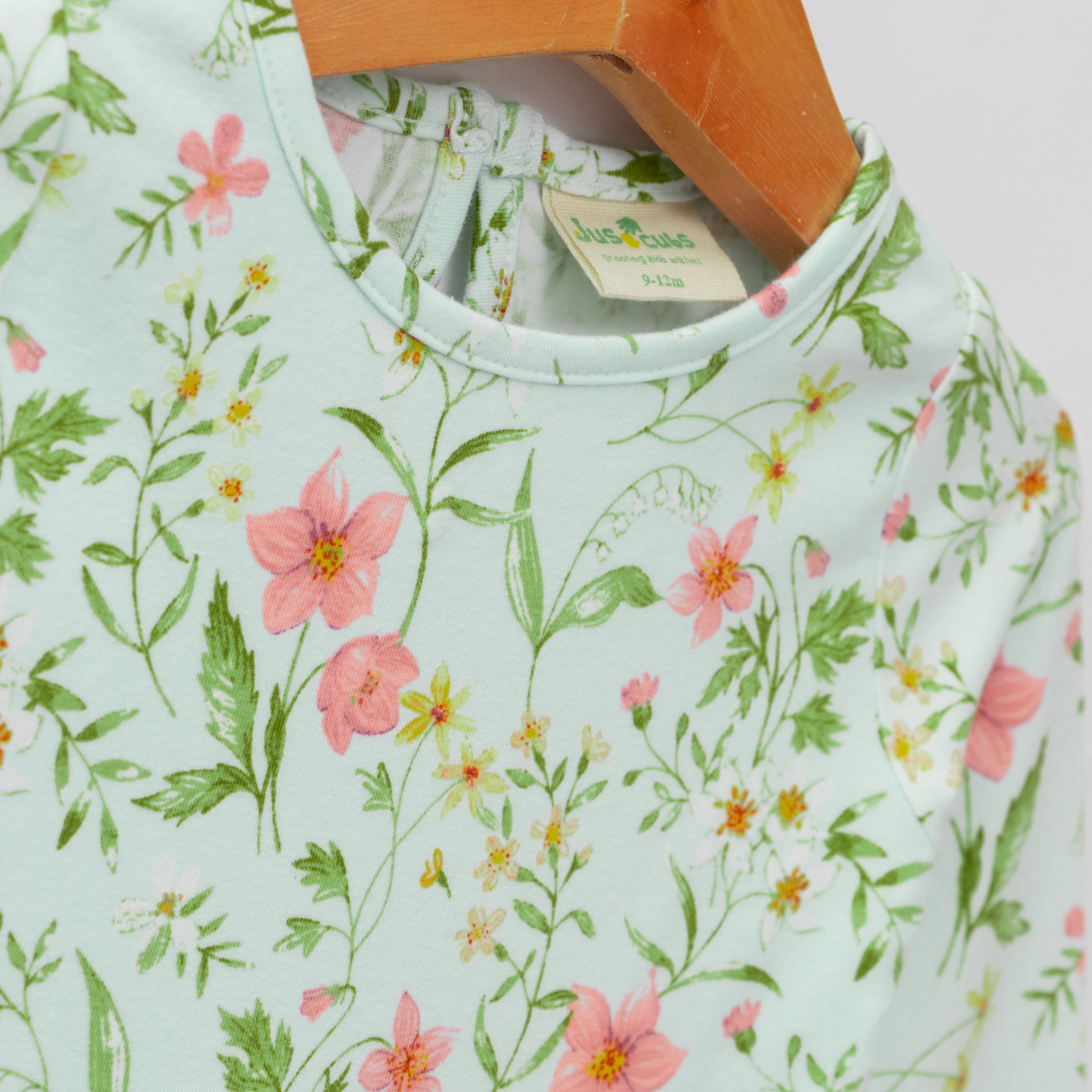Girls' Mint Green Floral Dress with Pink & Yellow Flower Print