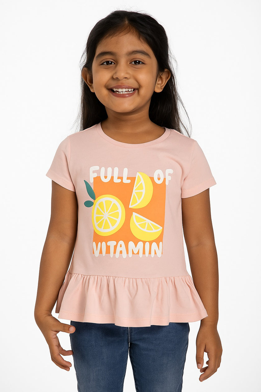 Girls' Pink Vitamin Graphic Peplum T-Shirt – Short Sleeve & Cute Print
