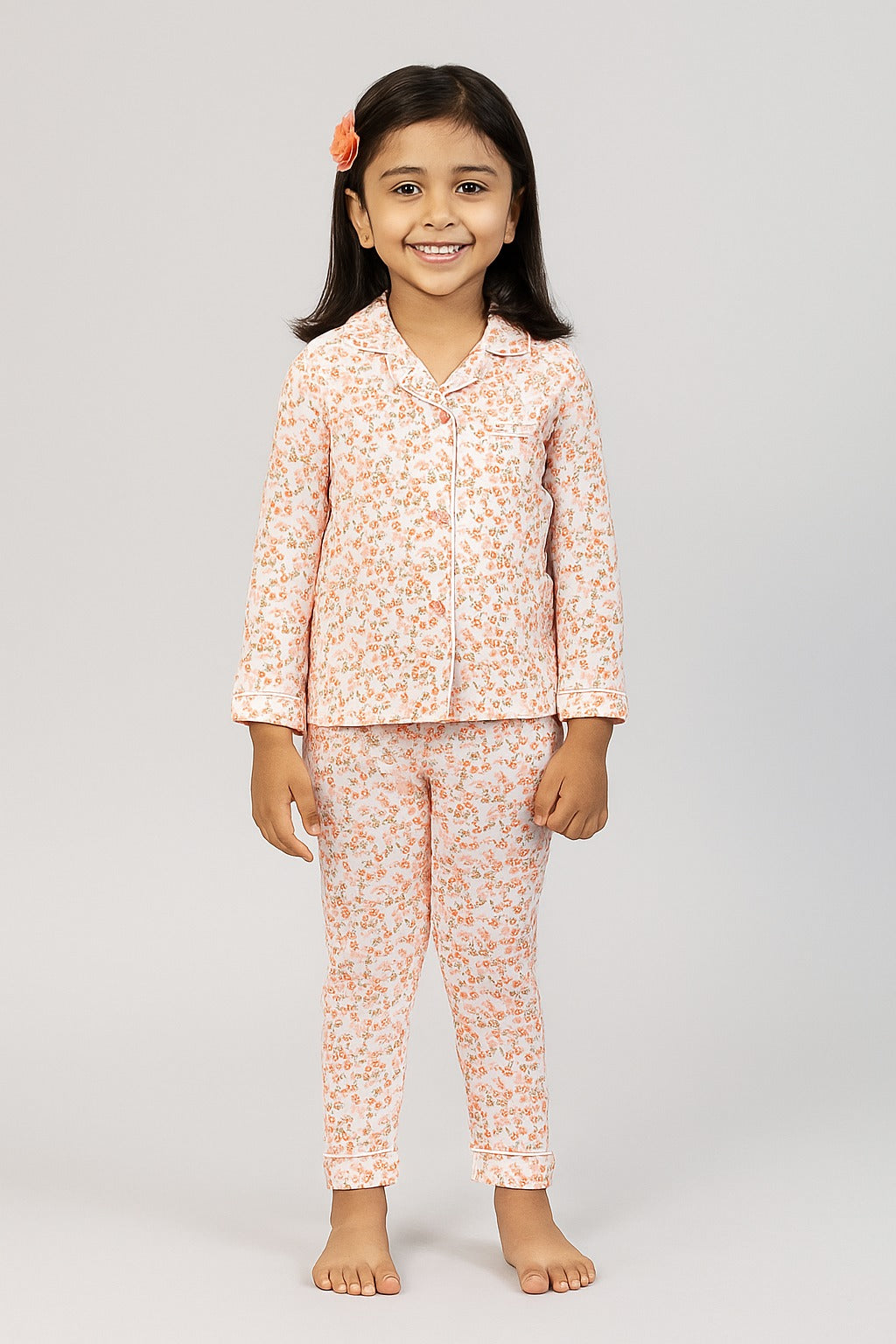 Girls' Floral Print Button-Up Nightwear – Long Sleeve & Pants
