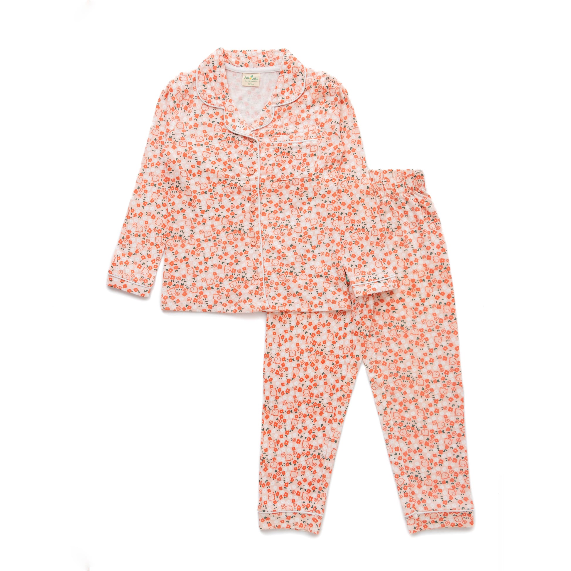 Girls' Floral Print Button-Up Nightwear – Long Sleeve & Pants