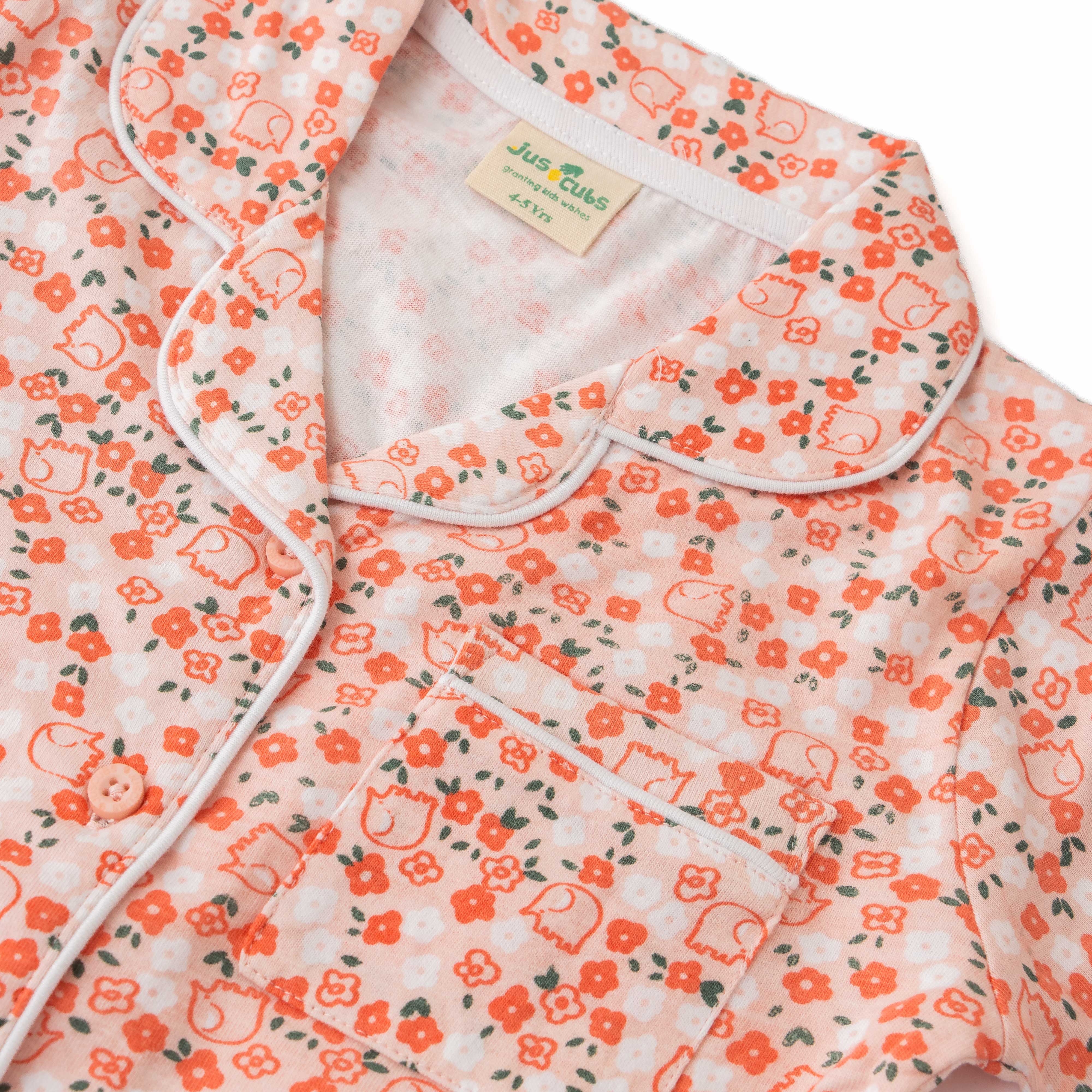 Girls' Floral Print Button-Up Nightwear – Long Sleeve & Pants