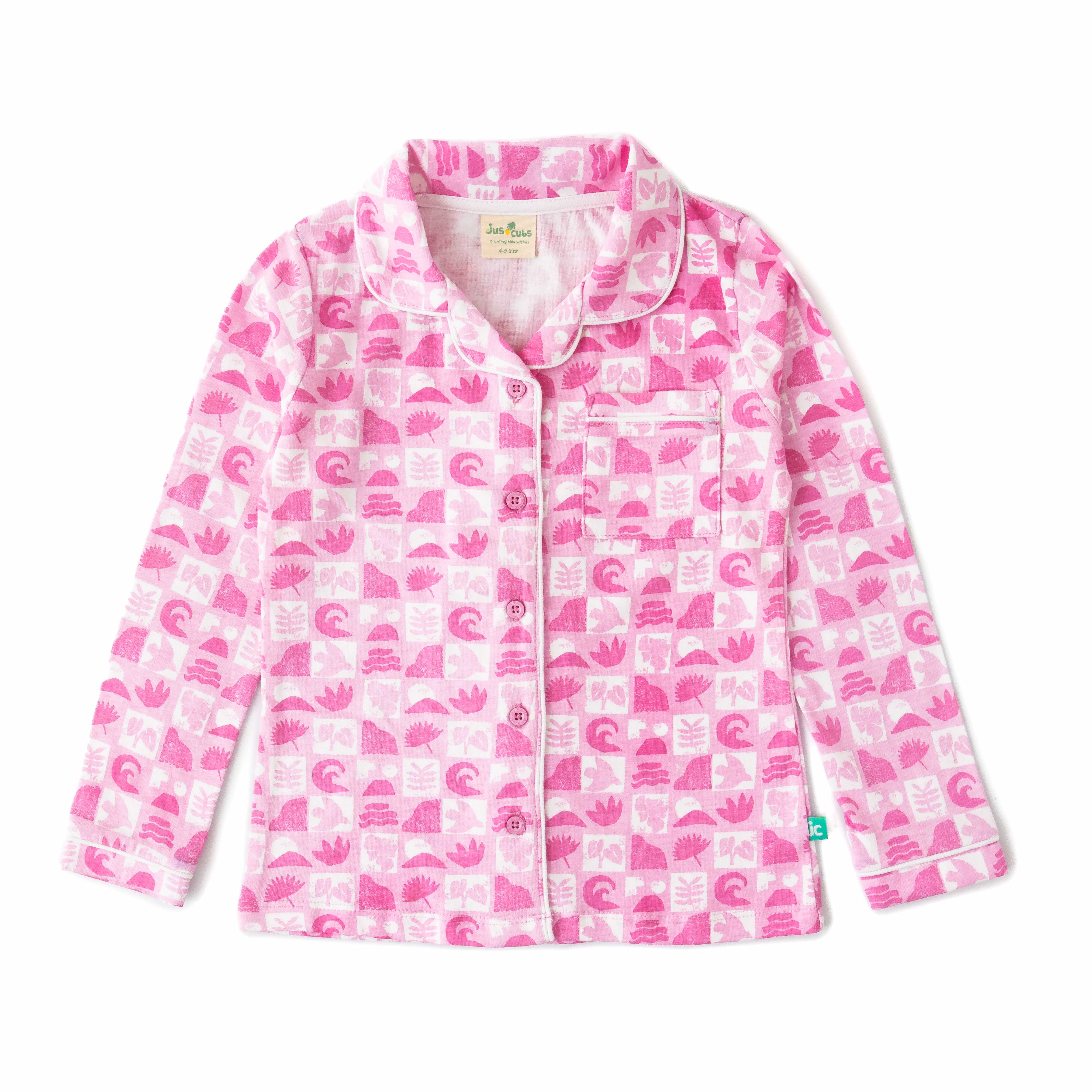Girls' Pink Printed Button-Up Nightwear – Long Sleeve & Pants