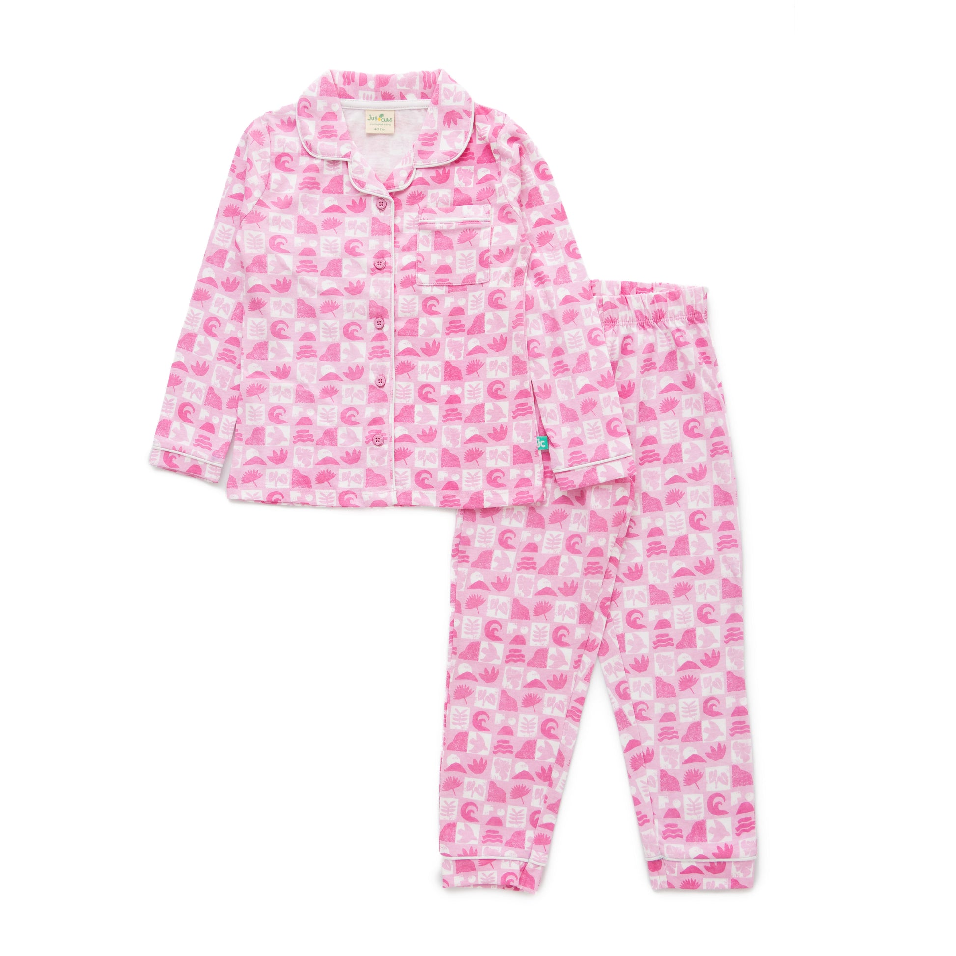 Girls' Pink Printed Button-Up Nightwear – Long Sleeve & Pants