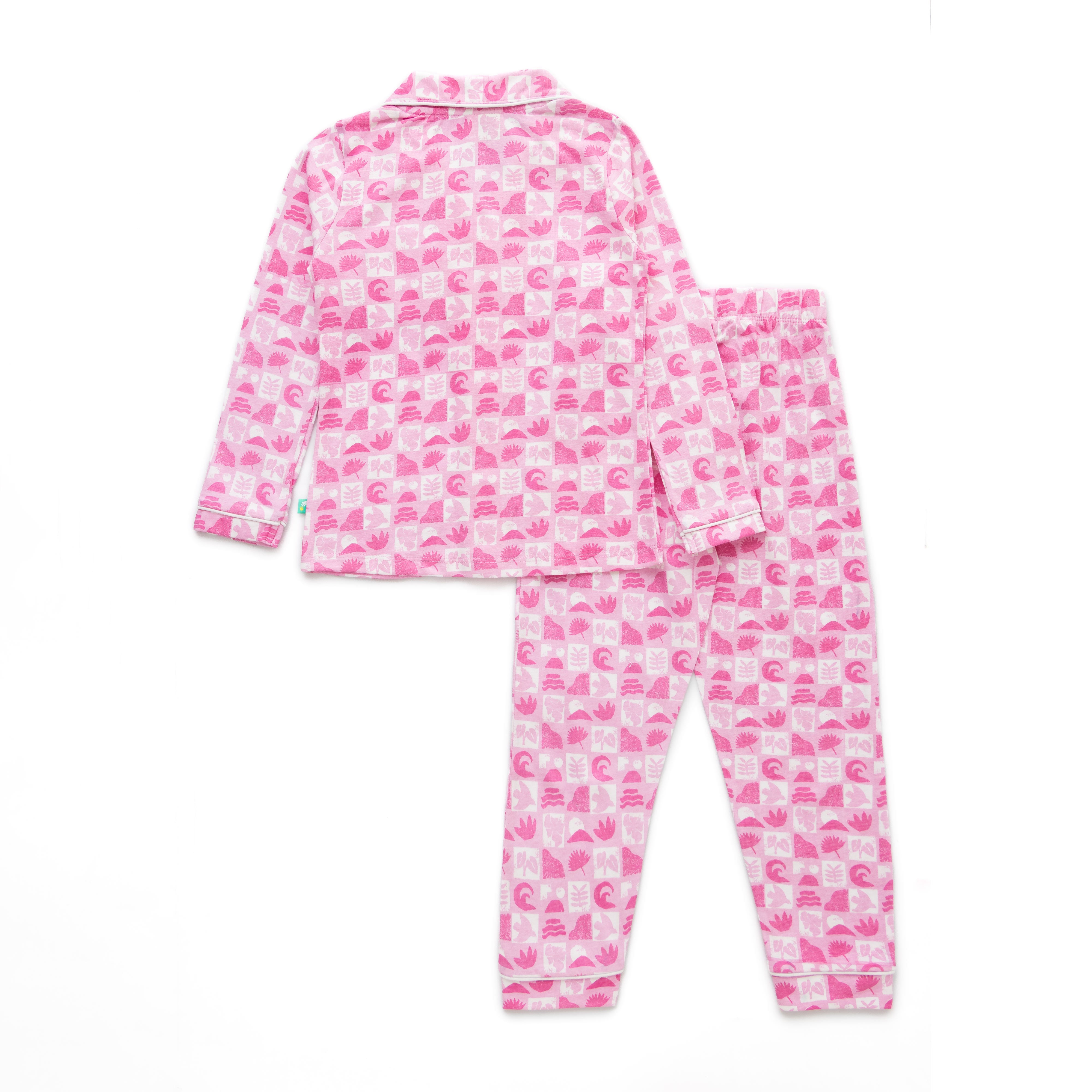 Girls' Pink Printed Button-Up Nightwear – Long Sleeve & Pants