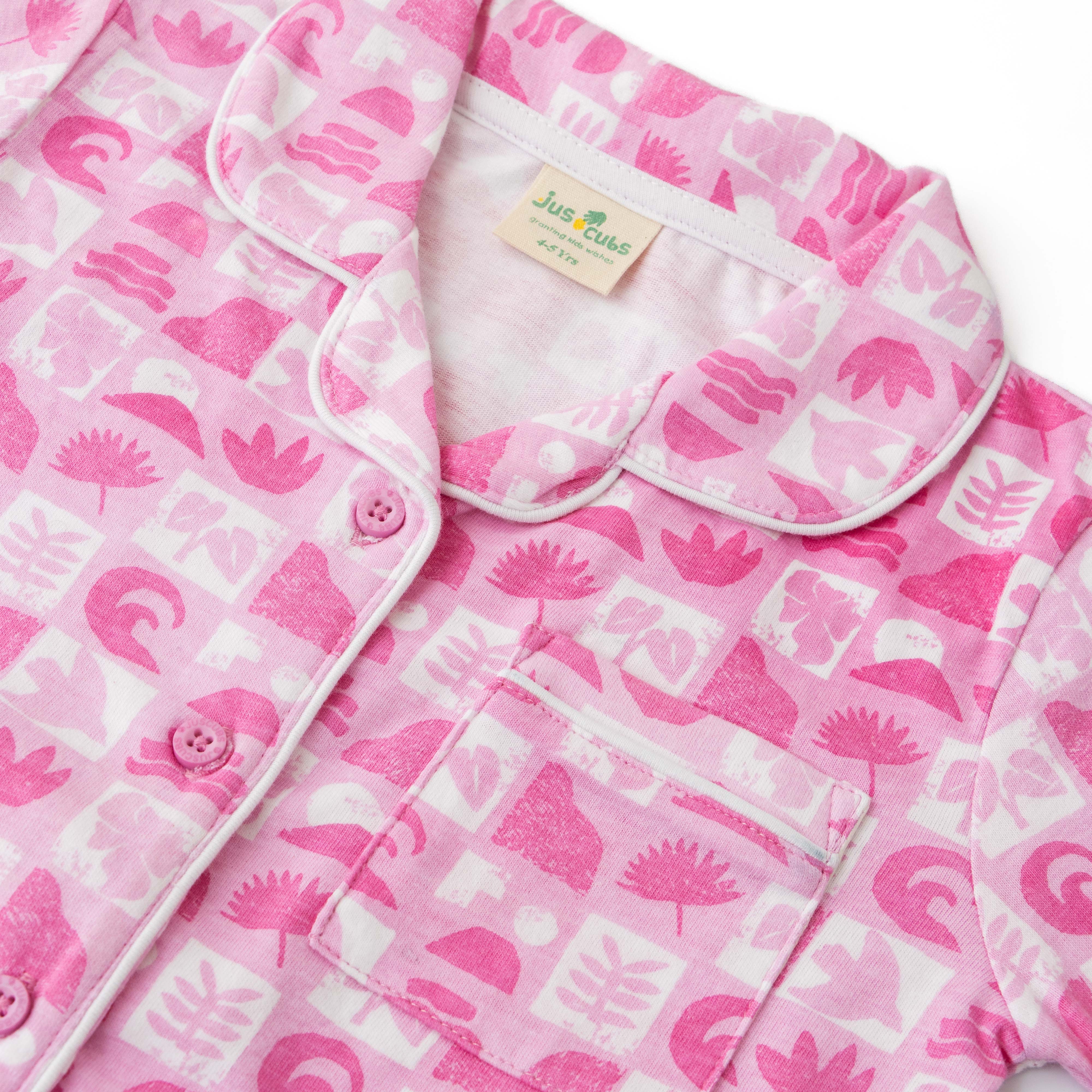 Girls' Pink Printed Button-Up Nightwear – Long Sleeve & Pants