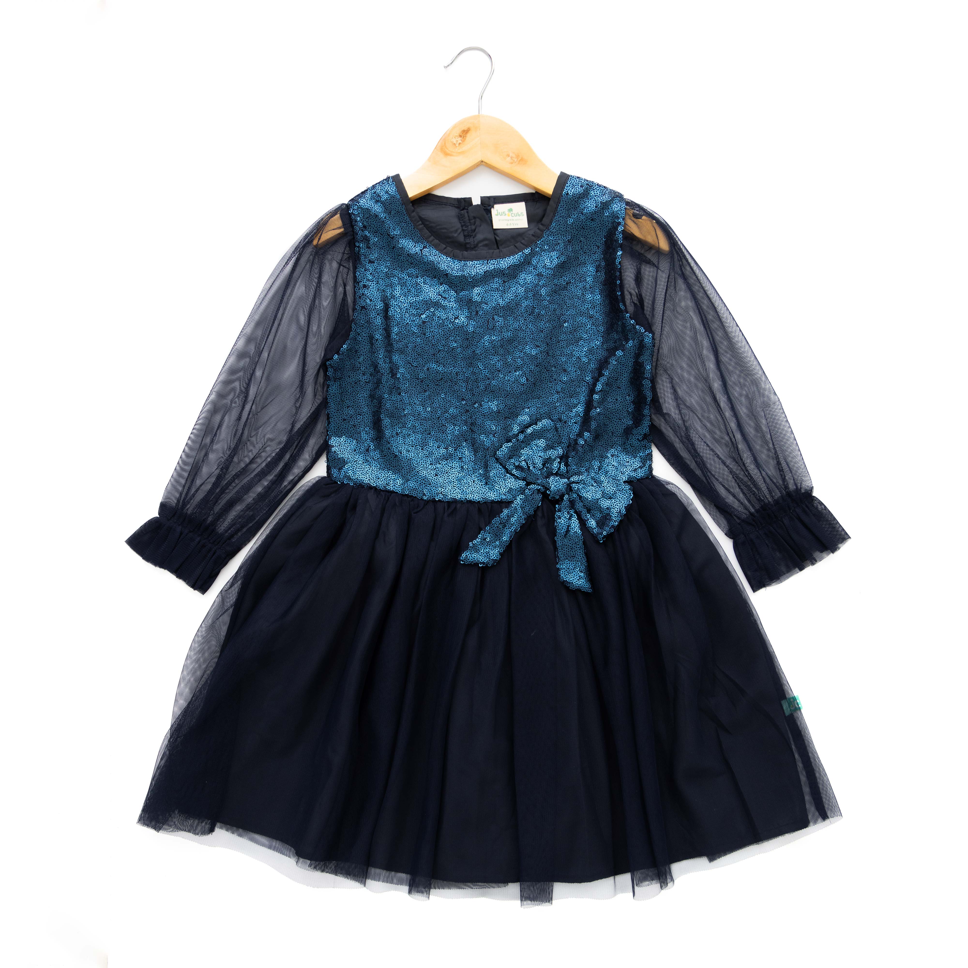 Girls' Navy Blue Sequin Tulle Party Dress with Sheer Sleeves and Bow Accent