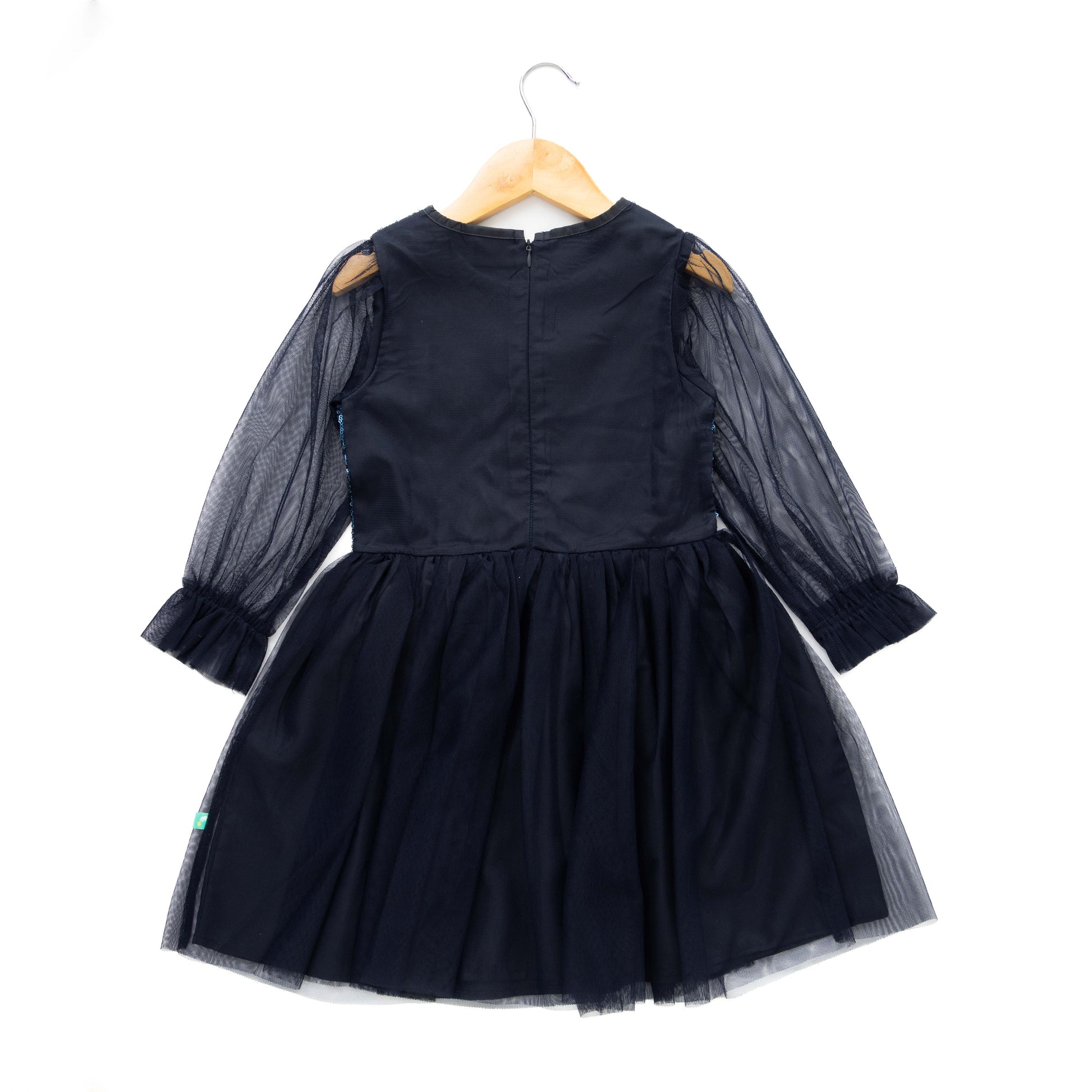 Girls' Navy Blue Sequin Tulle Party Dress with Sheer Sleeves and Bow Accent