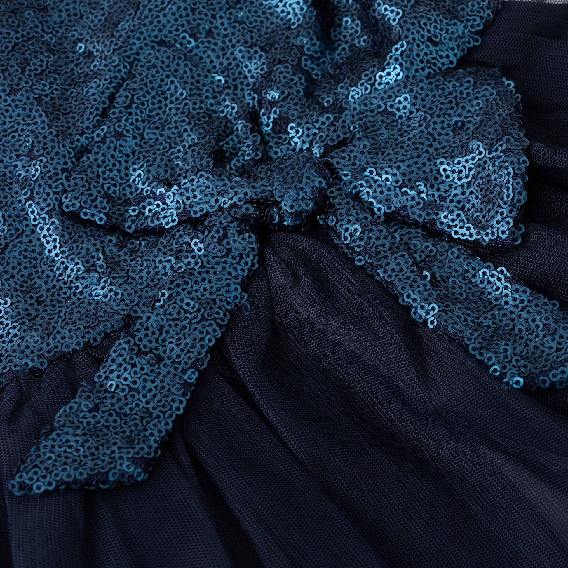 Girls' Navy Blue Sequin Tulle Party Dress with Sheer Sleeves and Bow Accent