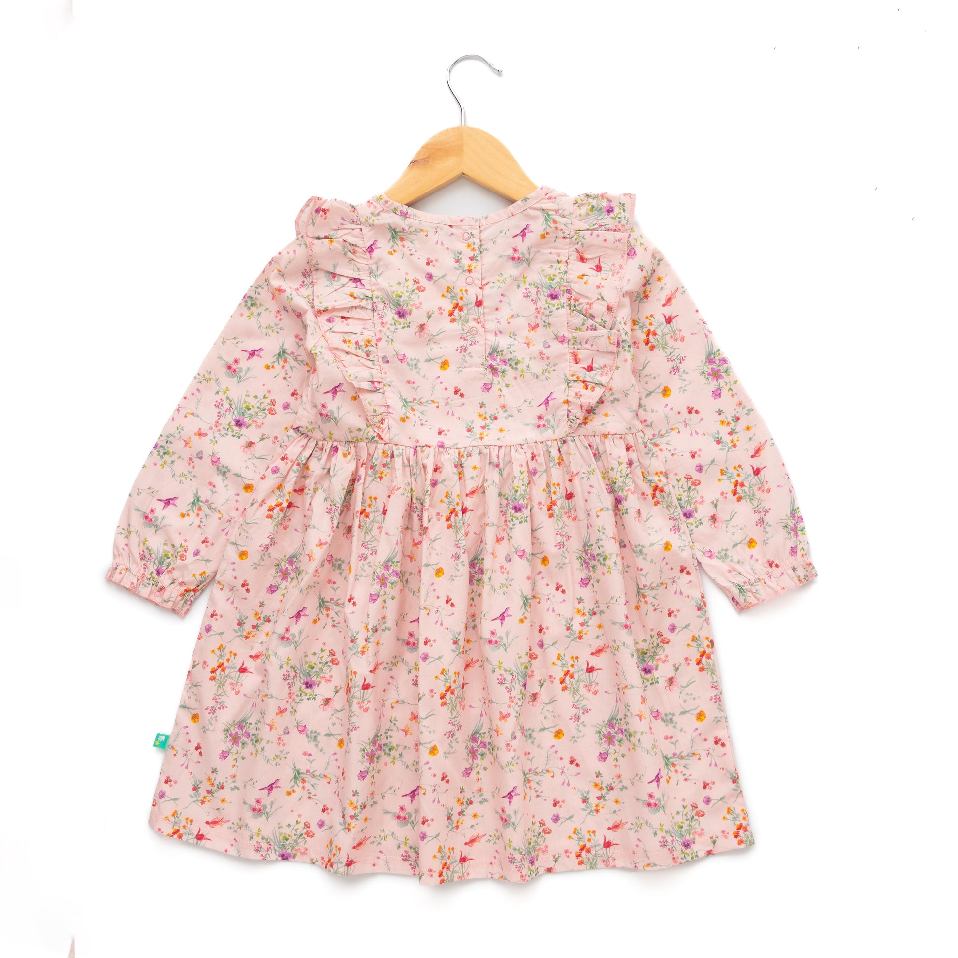 Girls' Pink Floral Ruffle Sleeve Dress with Bird Print