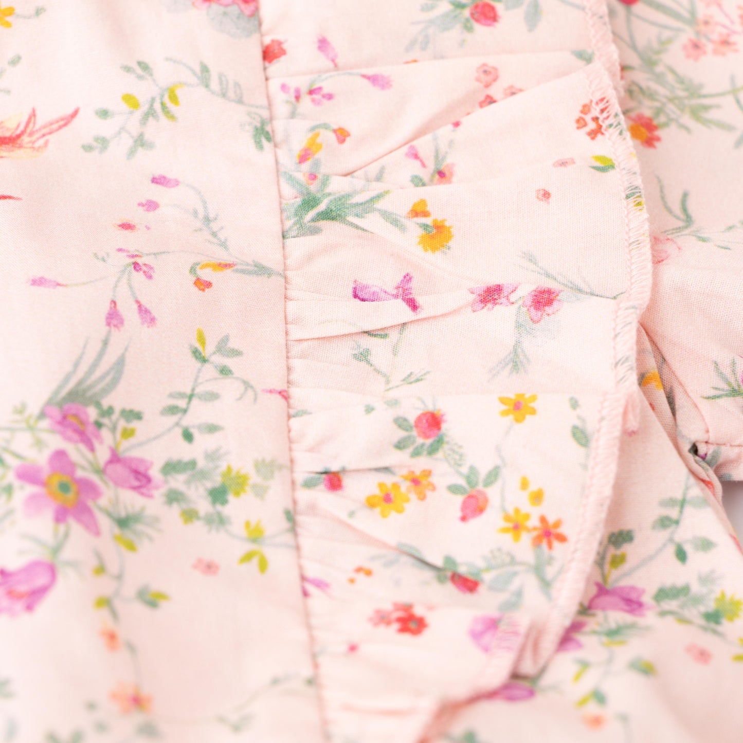 Girls' Pink Floral Ruffle Sleeve Dress with Bird Print