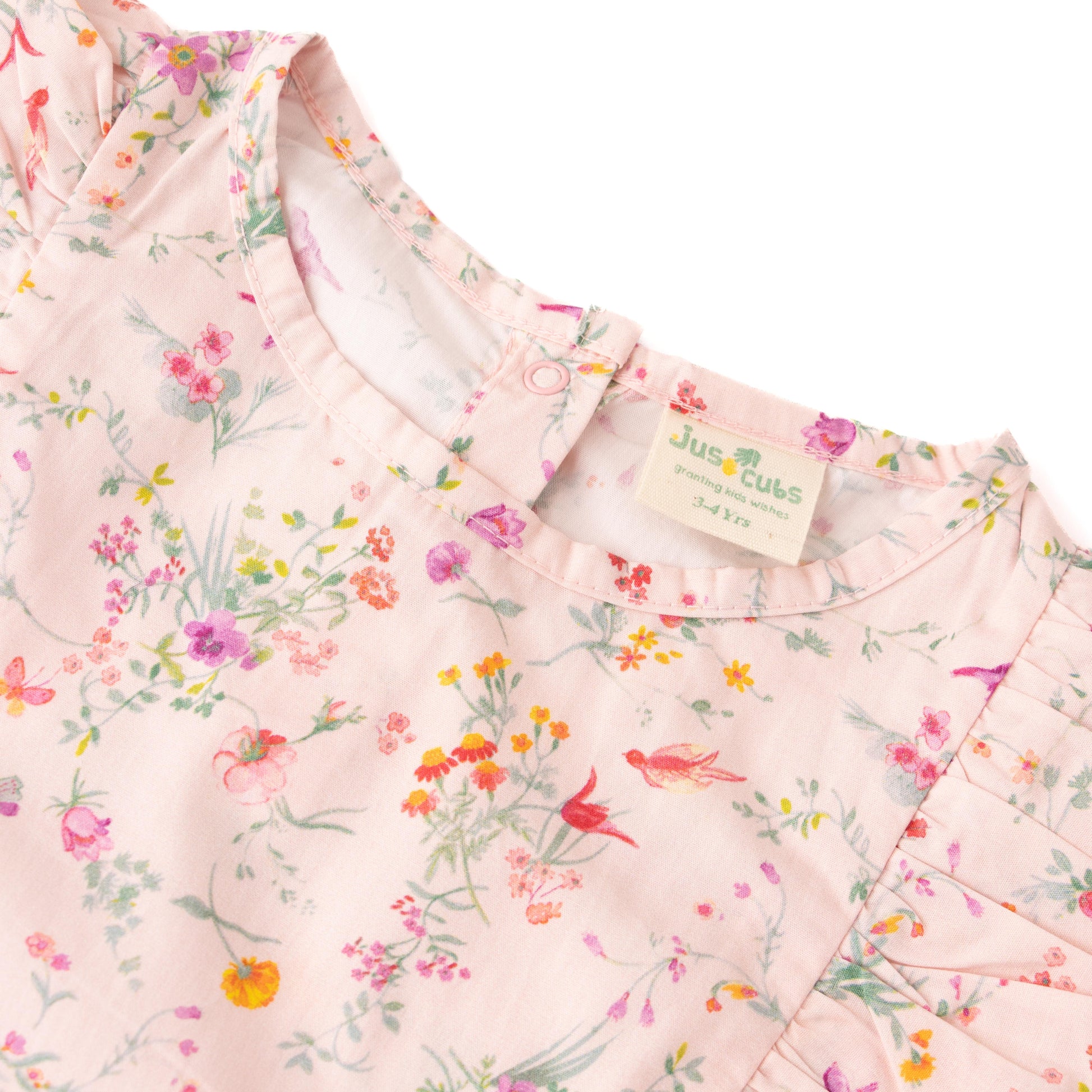 Girls' Pink Floral Ruffle Sleeve Dress with Bird Print
