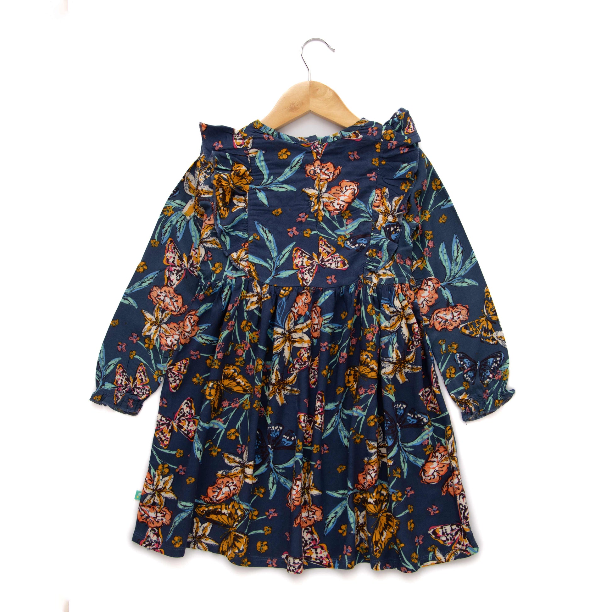 Girls' Navy Blue Floral Ruffle Sleeve Dress with Butterfly Print