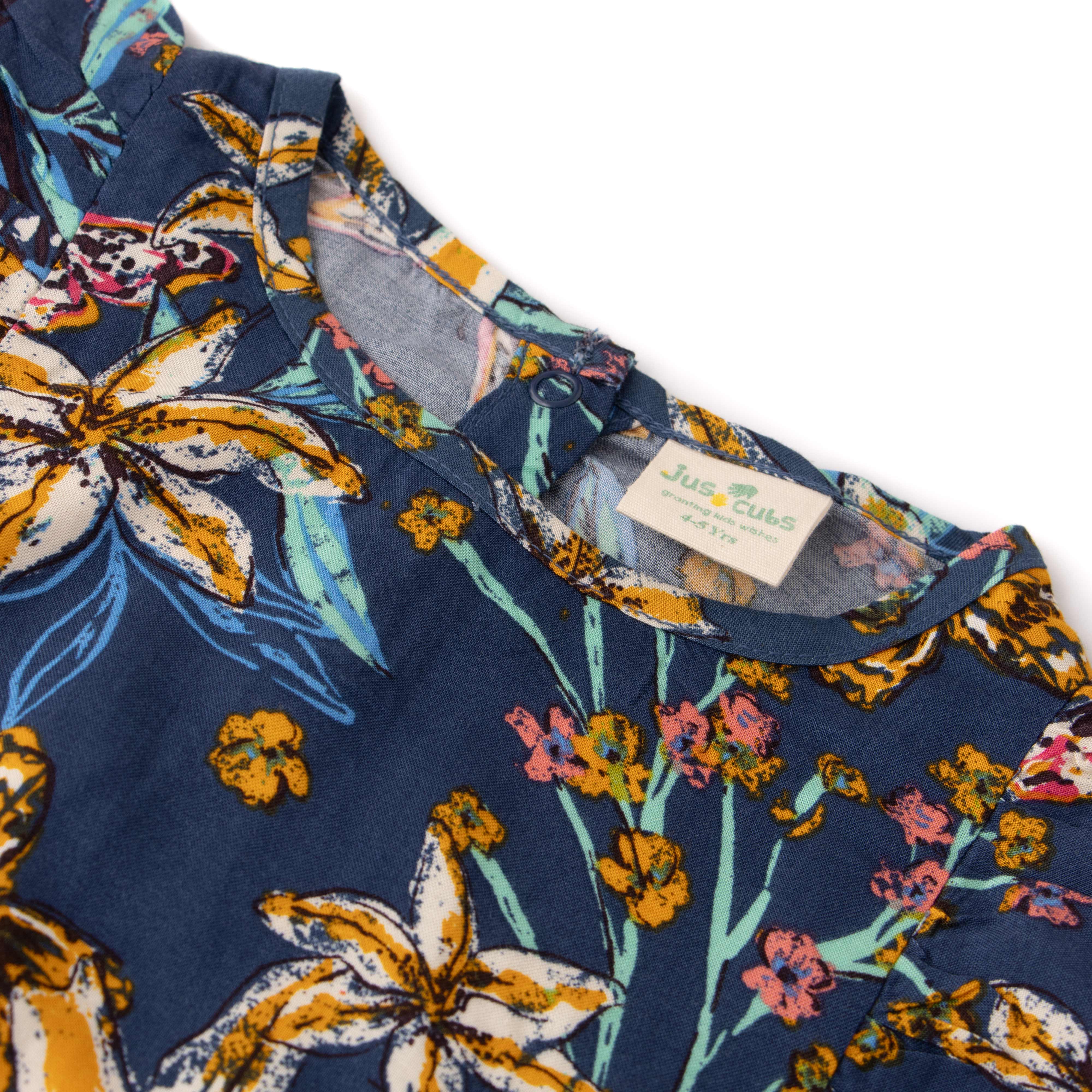 Girls' Navy Blue Floral Ruffle Sleeve Dress with Butterfly Print
