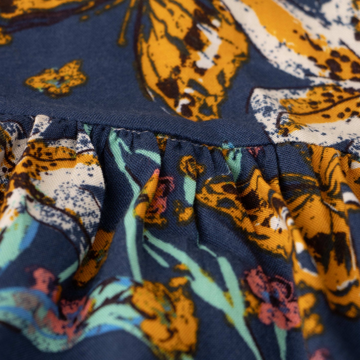 Girls' Navy Blue Floral Ruffle Sleeve Dress with Butterfly Print