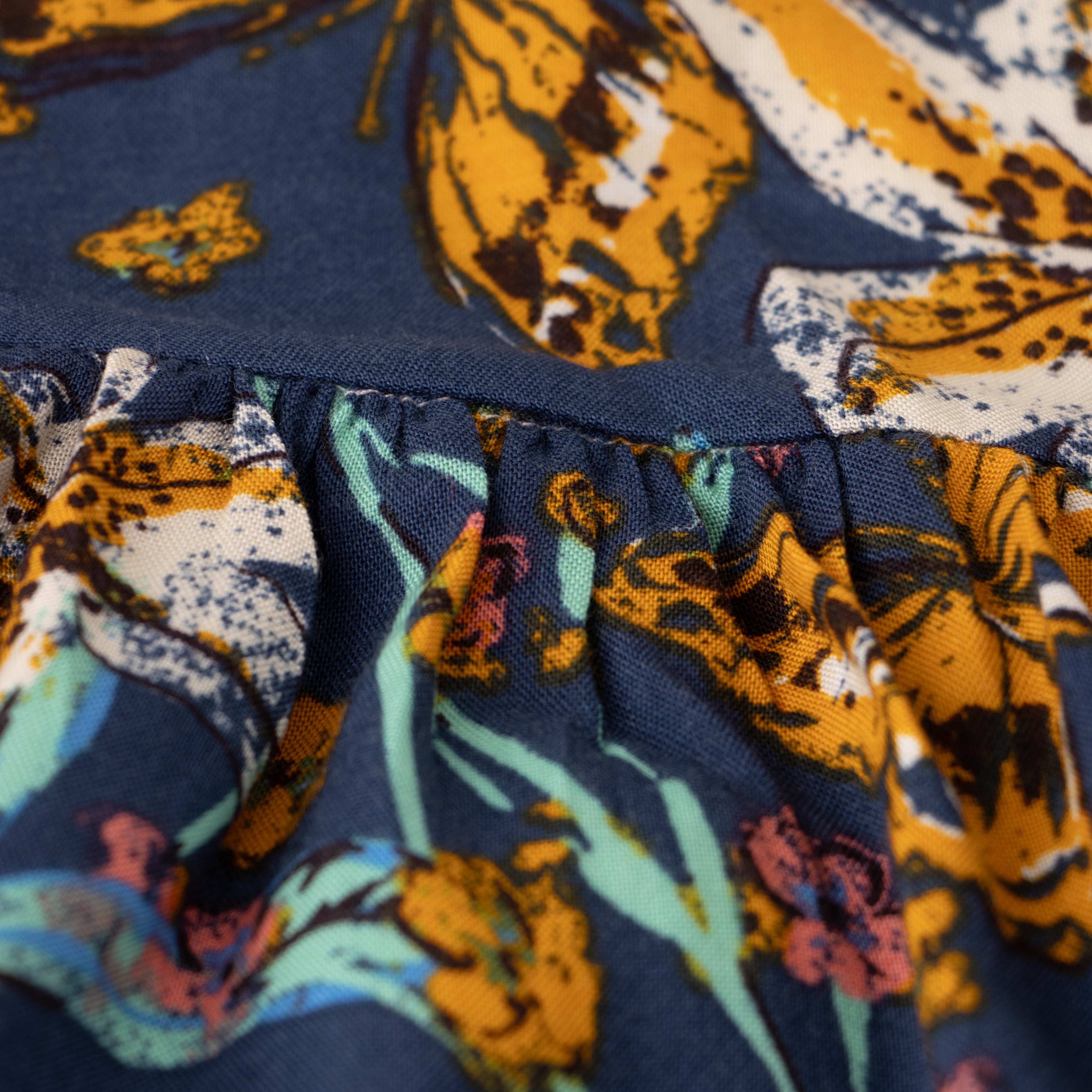 Girls' Navy Blue Floral Ruffle Sleeve Dress with Butterfly Print