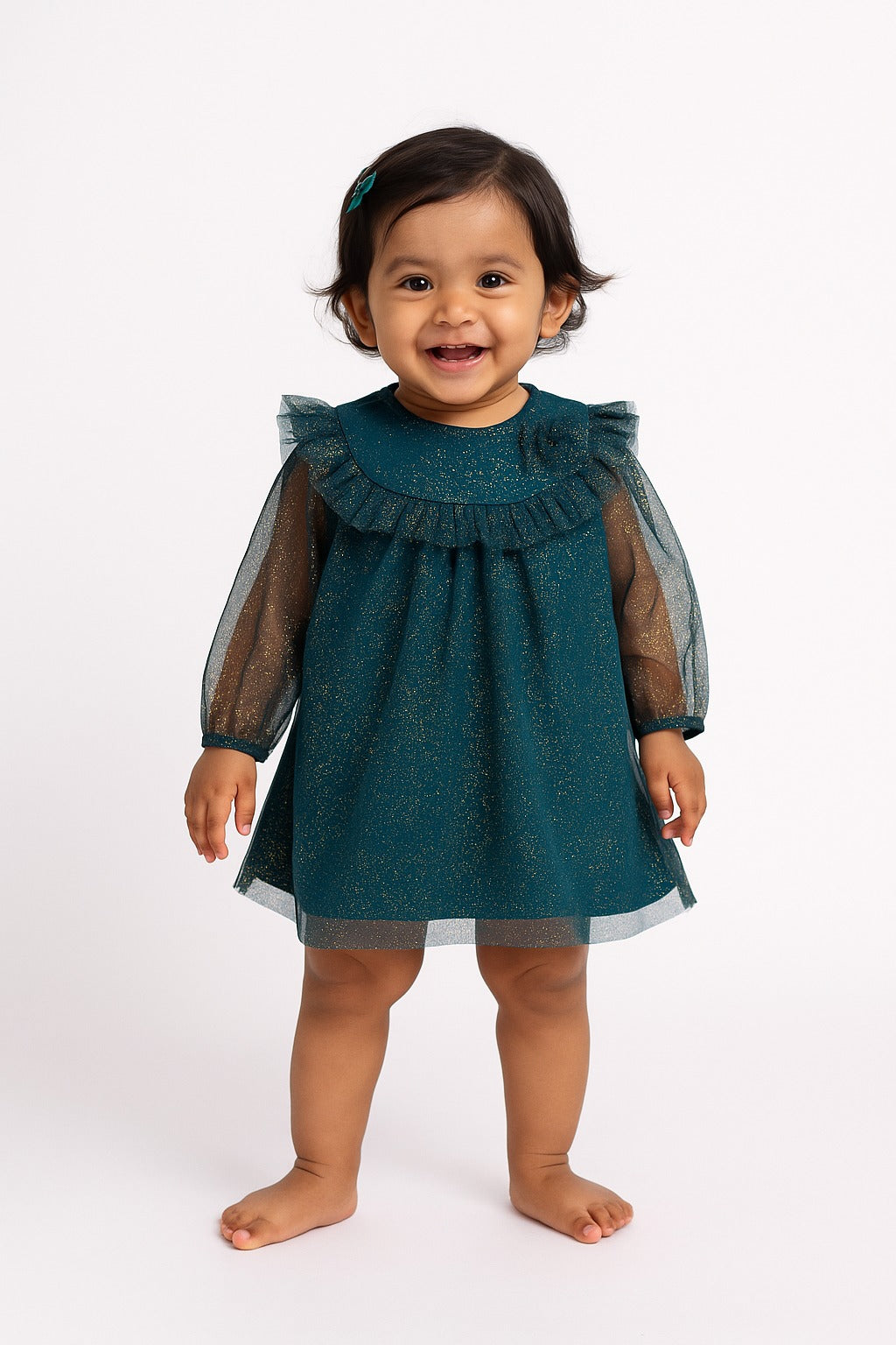 Girls' Teal Glitter Tulle Dress with Ruffle Yoke and Sheer Sleeves