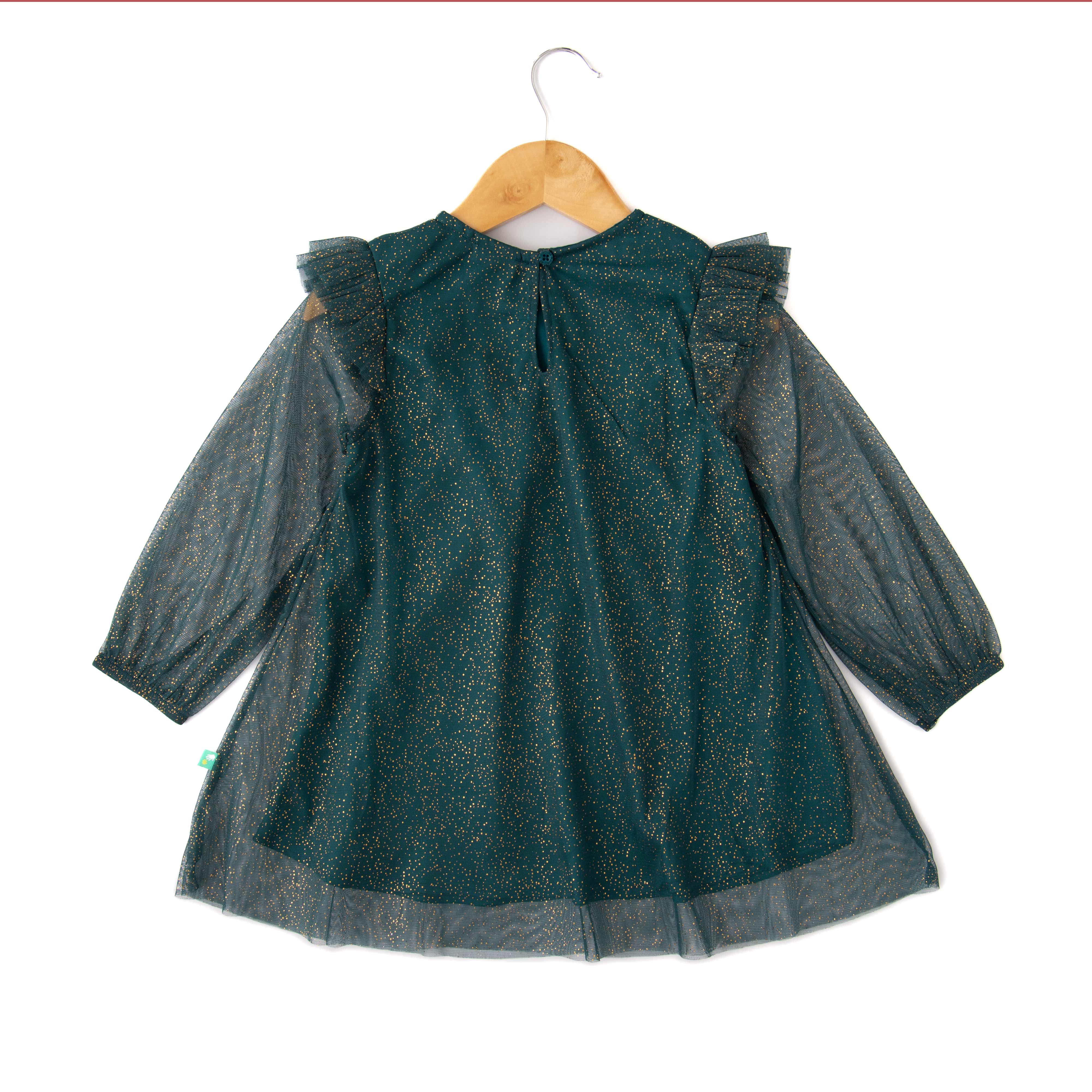 Girls' Teal Glitter Tulle Dress with Ruffle Yoke and Sheer Sleeves