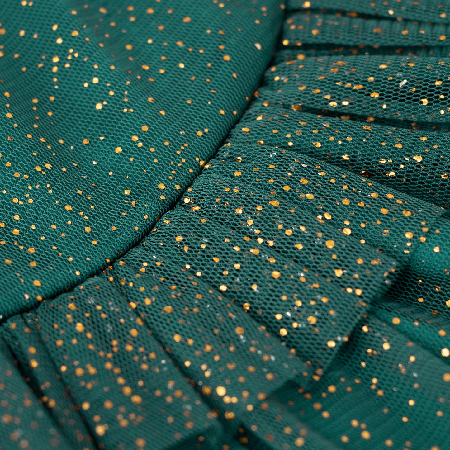 Girls' Teal Glitter Tulle Dress with Ruffle Yoke and Sheer Sleeves