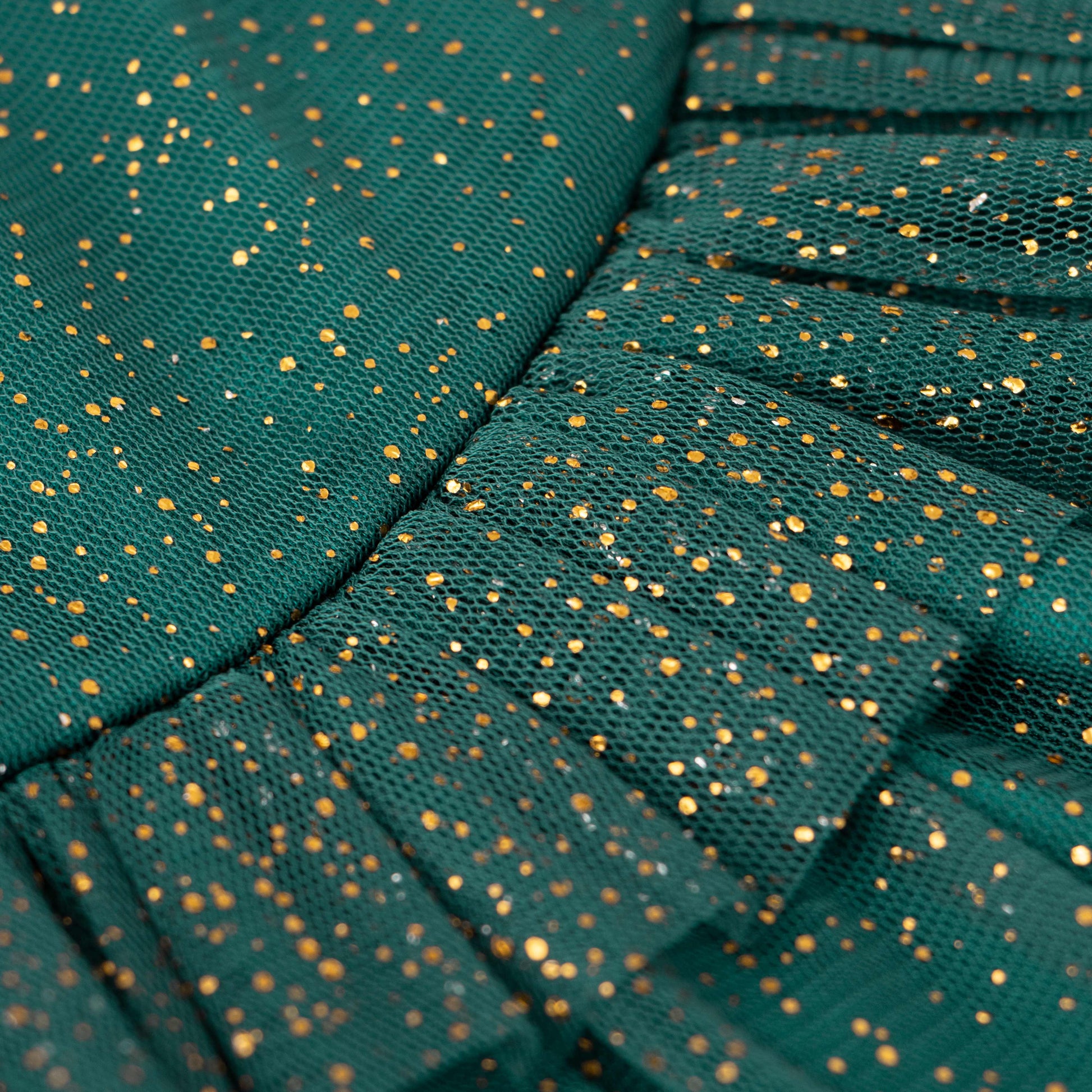 Girls' Teal Glitter Tulle Dress with Ruffle Yoke and Sheer Sleeves