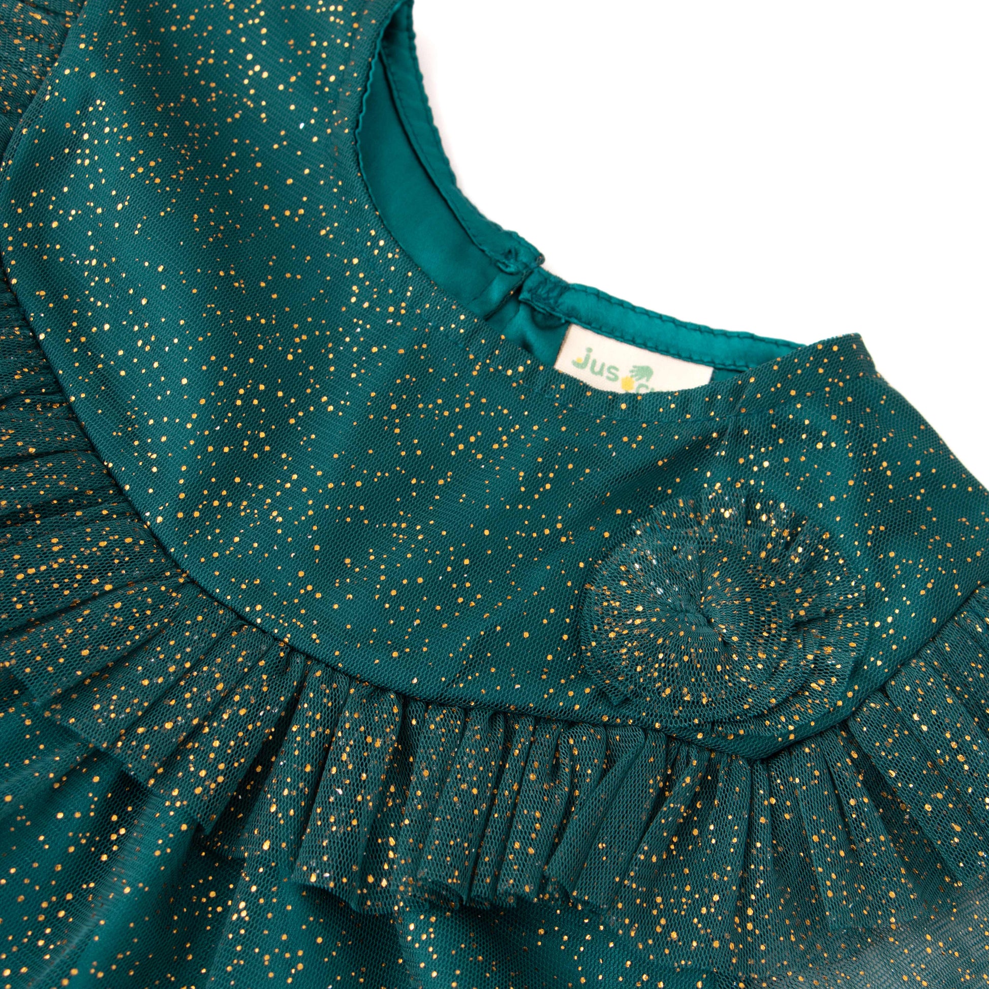 Girls' Teal Glitter Tulle Dress with Ruffle Yoke and Sheer Sleeves