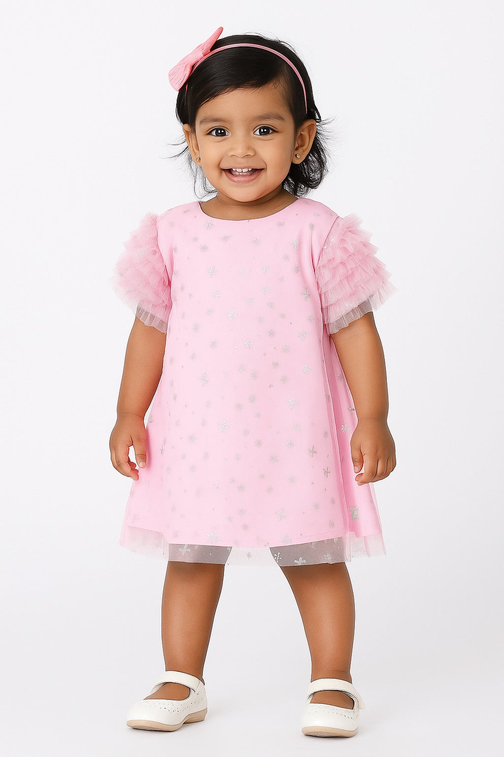 Girls' Pink Glitter Tulle Dress with Ruffle Sleeves